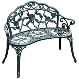 40" Outdoor Garden Bench, Cast Aluminum Antique Rose Style Patio Garden Park Loveseat Bench for Backyard, Porch, Balcony, Lawn, Green