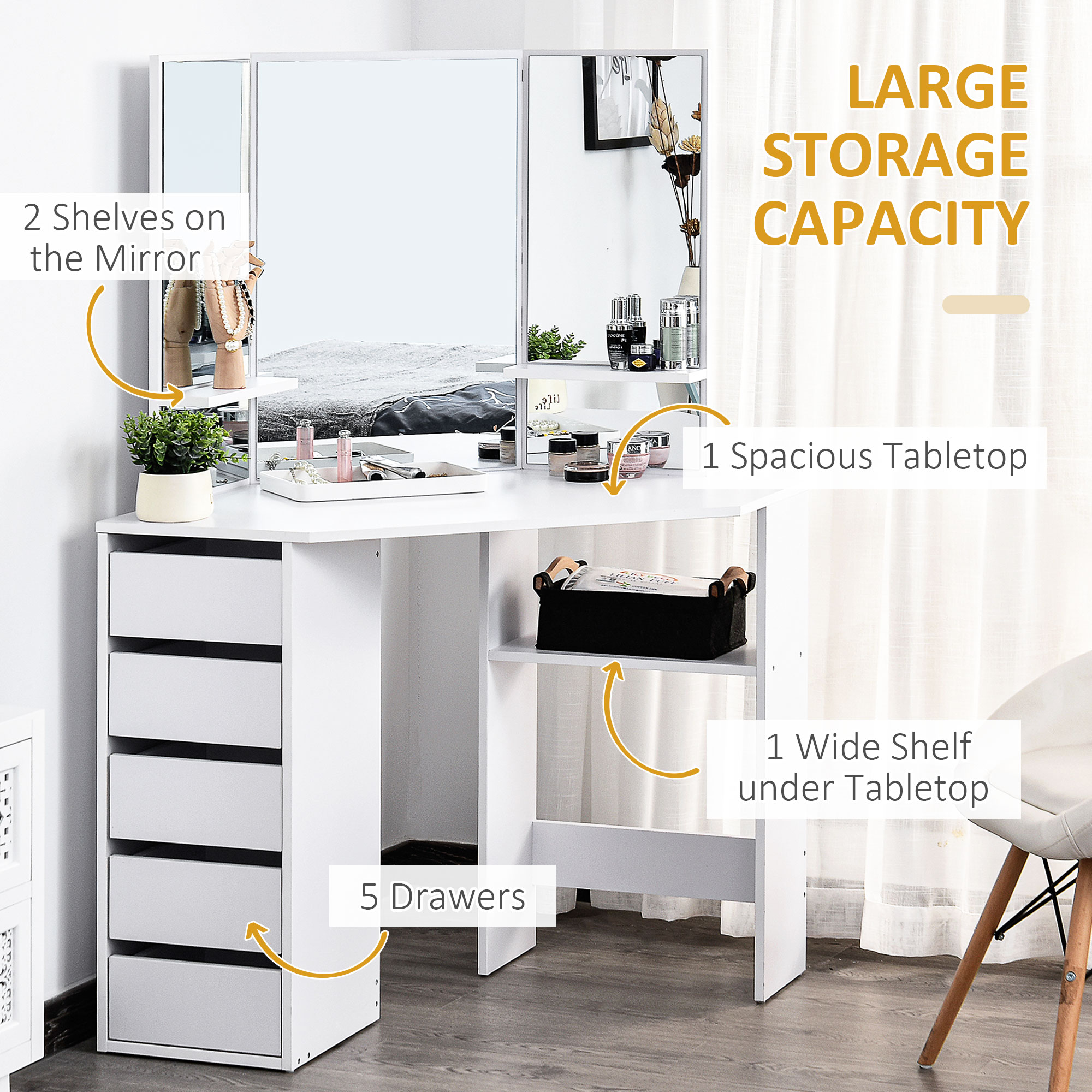 Corner Dressing Table, Makeup Desk with 3-piece Mirror and 5 Drawers, White - Image 2