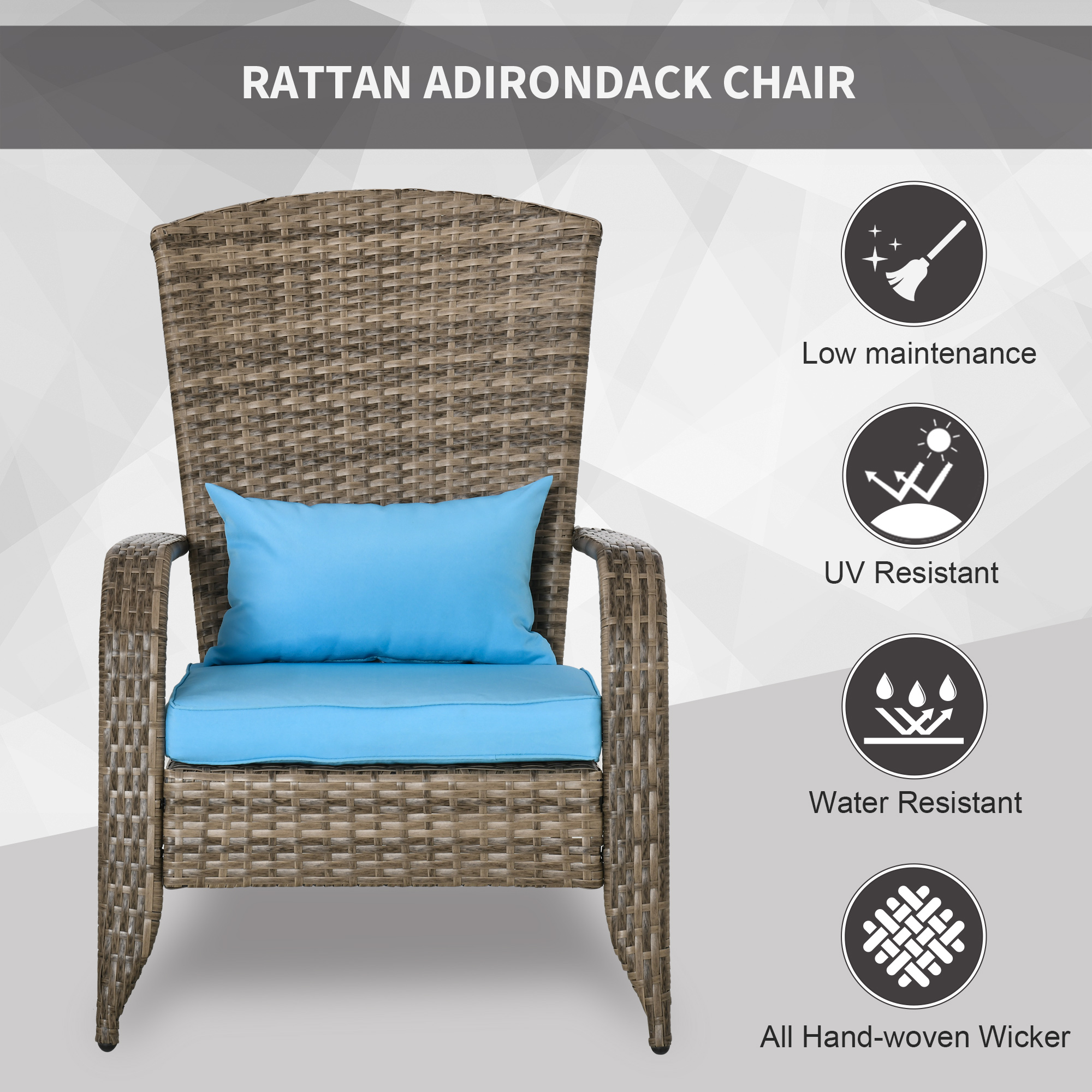 Patio Wicker Adirondack Chair, Outdoor PE Rattan Fire Pit Chair, Muskoka Chair w/ Soft Cushions, Tall Curved Backrest and Comfortable Armrests for Deck Garden, Blue - Image 2