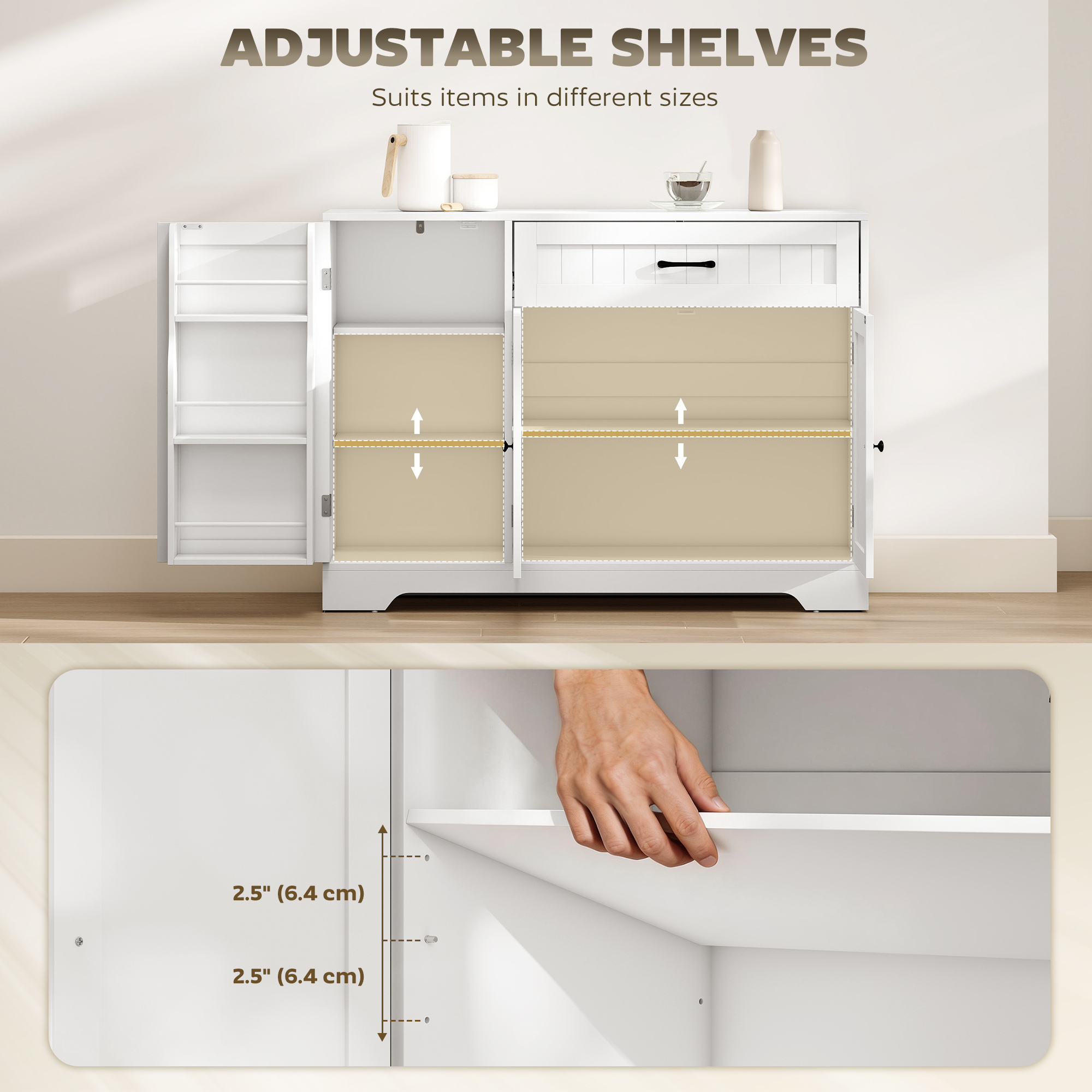 44" Modern Kitchen Storage Cabinet with Drawer, Adjustable Shelves, Small Kitchen Pantry with Door Racks, White - Image 4