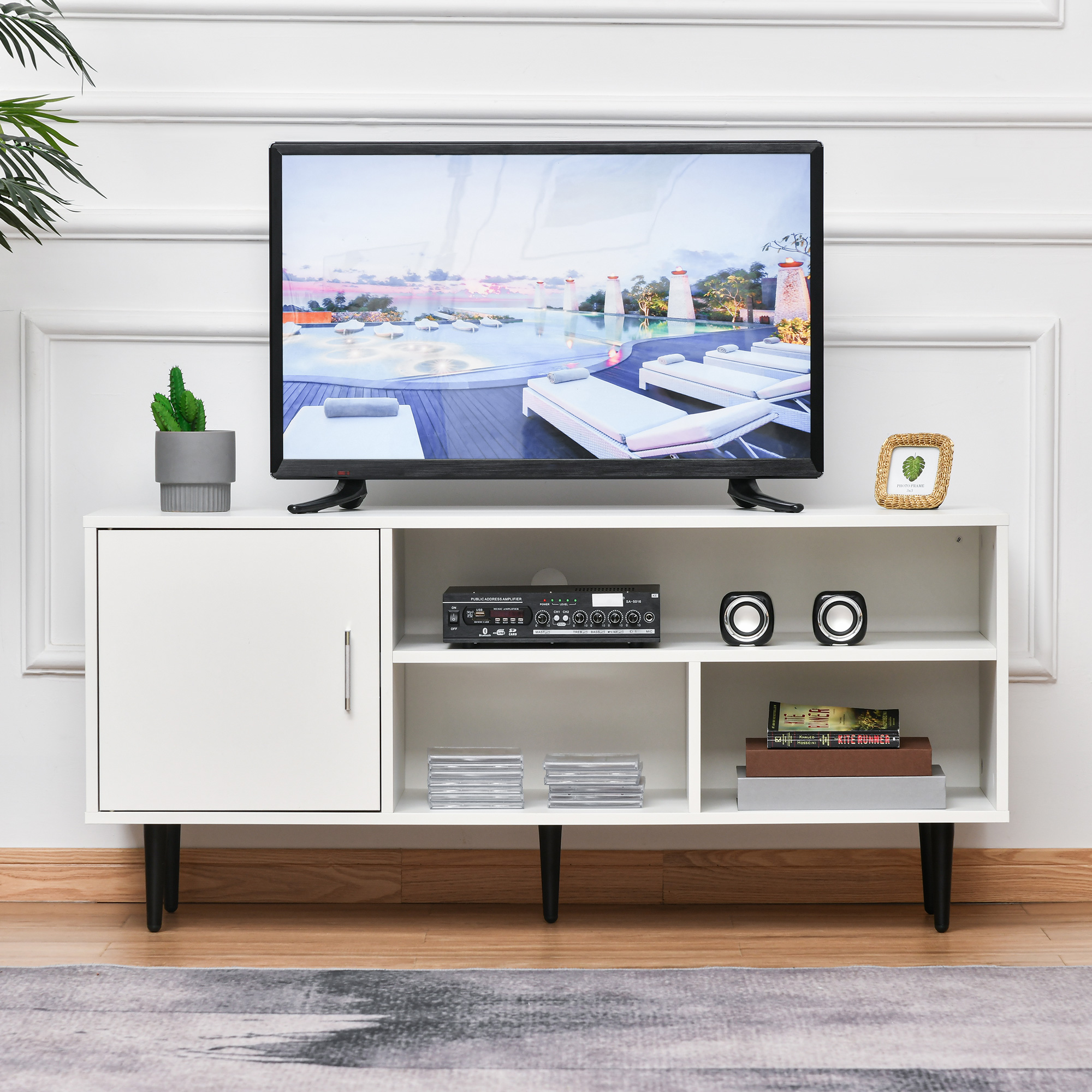 Modern TV Stand Cabinet for TVs up to 60 Inches with Storage Shelf, Cable Hole, Home Entertainment Unit Center, for Living Room Bedroom, White - Image 5