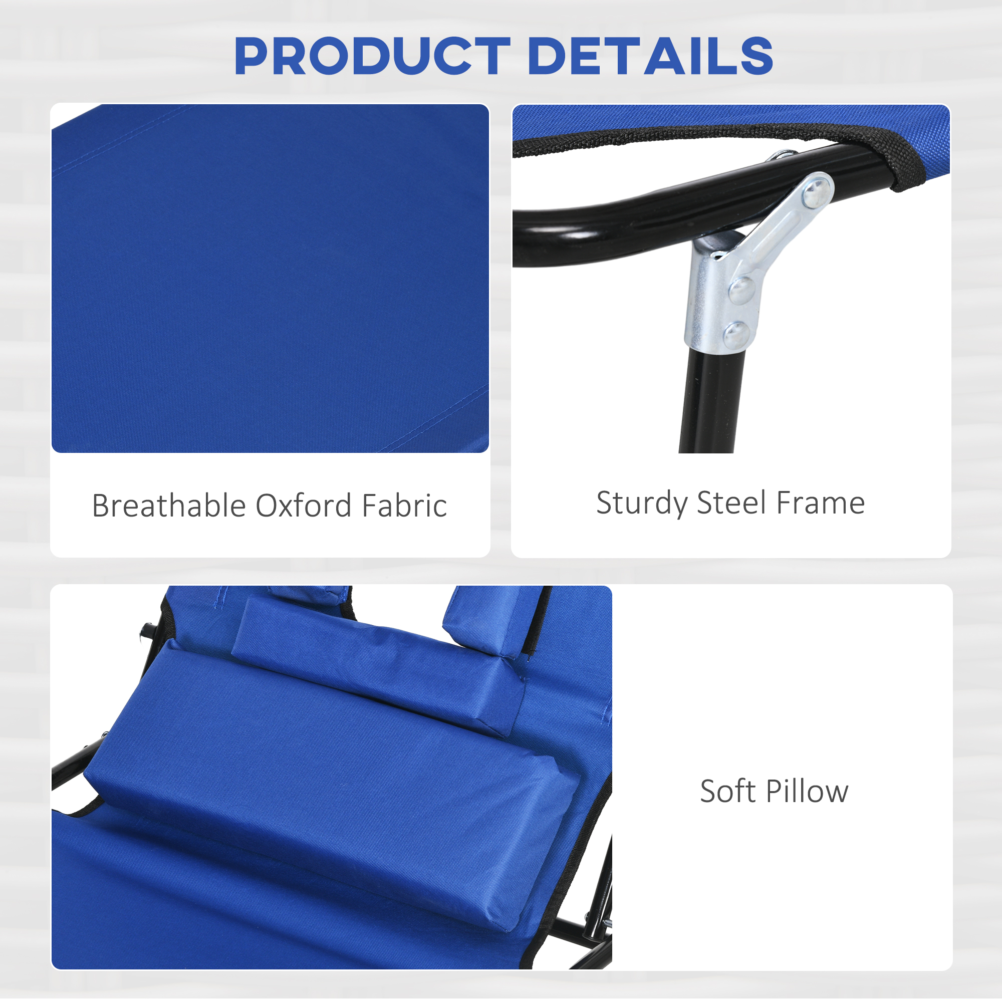 Folding Lounge Chair Set of 2, Reclining Beach Tanning Chair with Face Hole, Pillow, 4-Position Adjustable Flat Sun Lounger, Steel Frame for Outdoor Patio Pool, Blue - Image 4