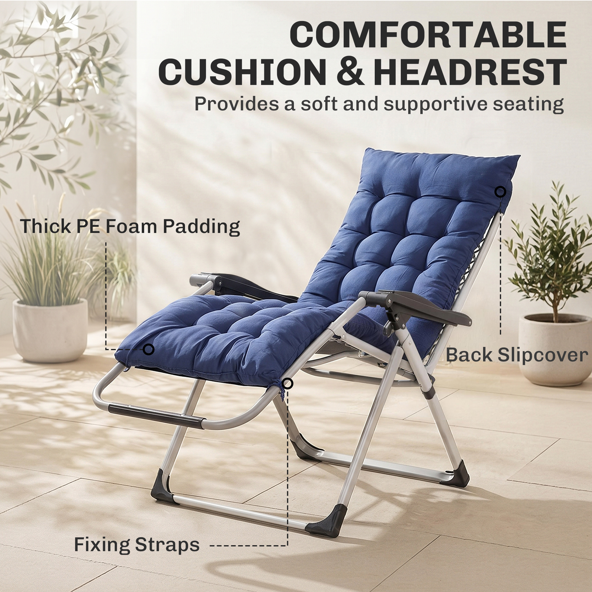 Reclining Zero Gravity Chair with Adjustable Backrest, Folding Garden Sun Lounger, Outdoor Recliner with Removable Cushion and Headrest, Dark Blue - Image 5
