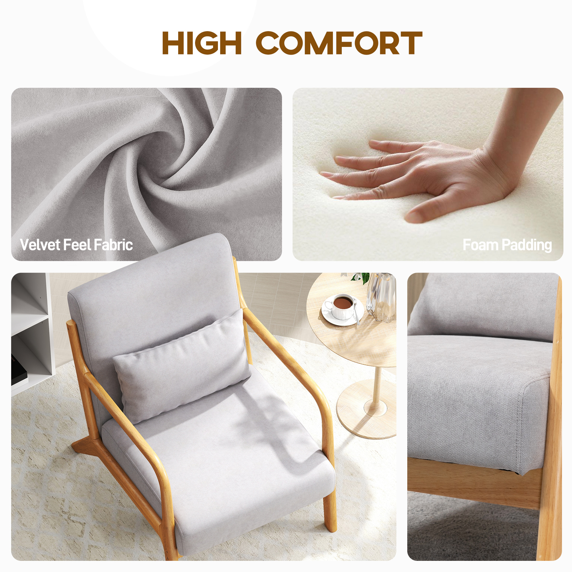 Fabric Lounge Chair, Velvet Armchair, Retro Accent Chair with Wood Legs and Thick Padding for Bedroom, Grey - Image 2