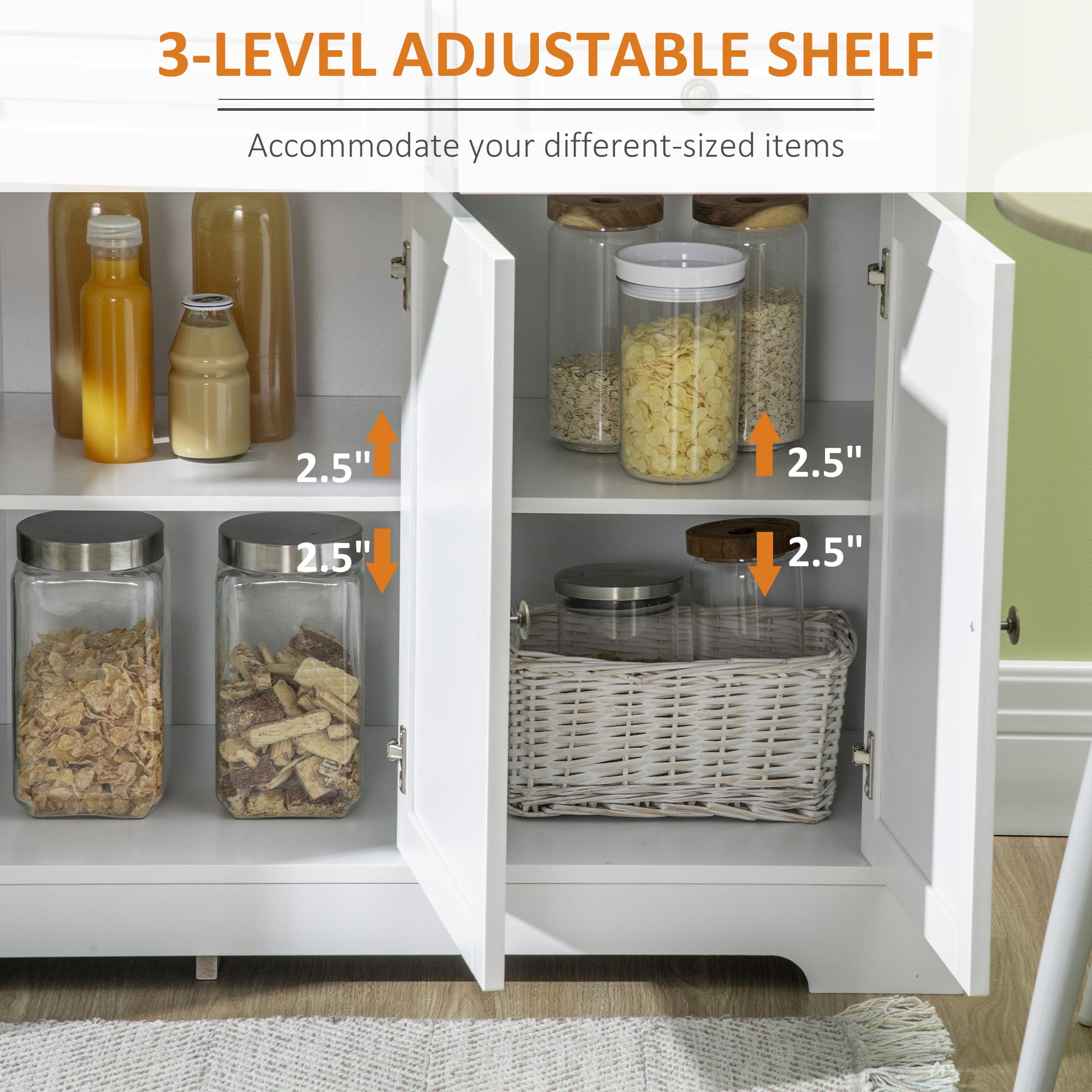 Modern Sideboard Cabinet, Buffet Cabinet with 2 Drawers and Adjustable Shelves, Buffets Tables for Dining Room, White - Image 3