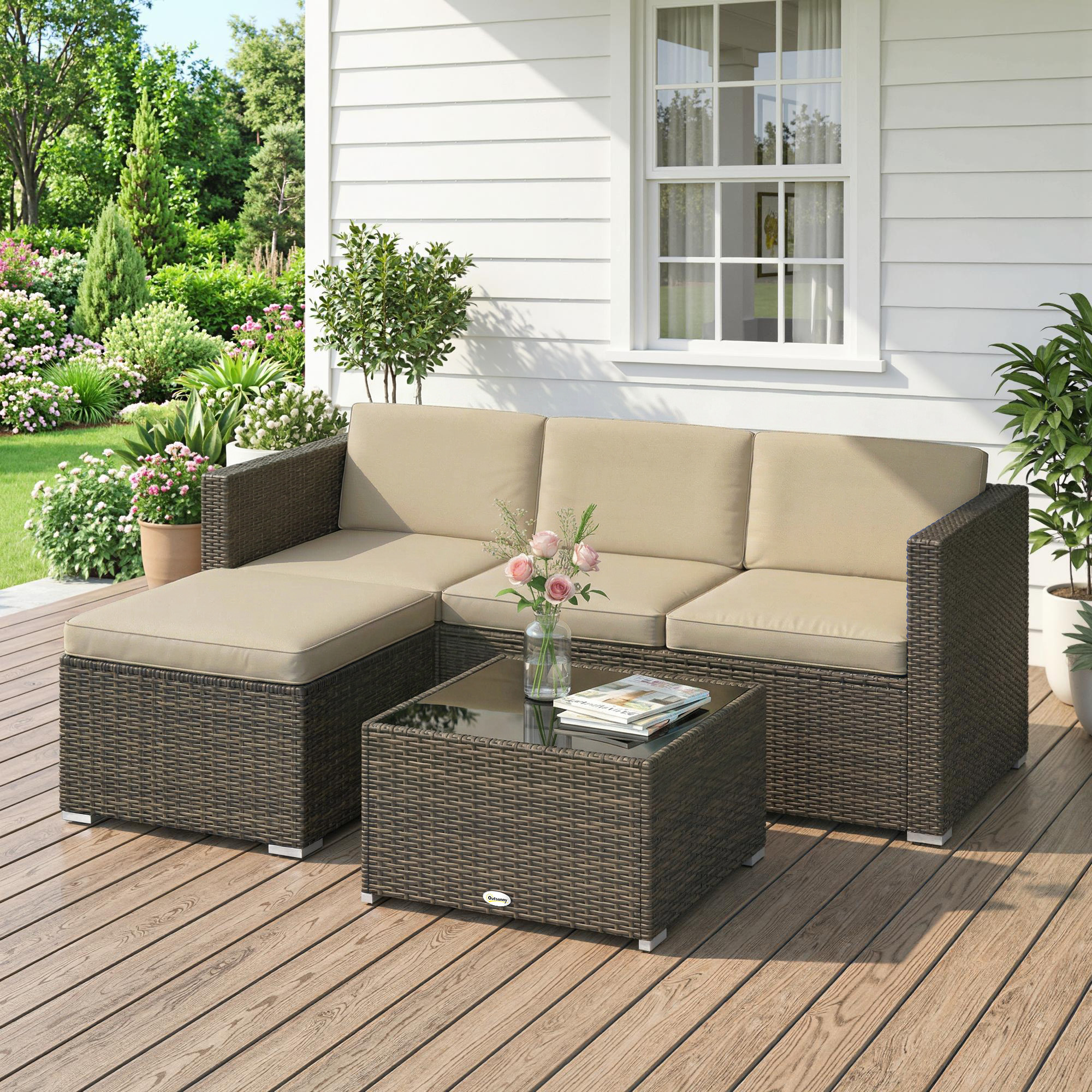 3 Pieces Patio Furniture Set with Cushions, Outdoor PE Rattan Wicker Conversation Corner Sofa Set, Khaki - Image 6