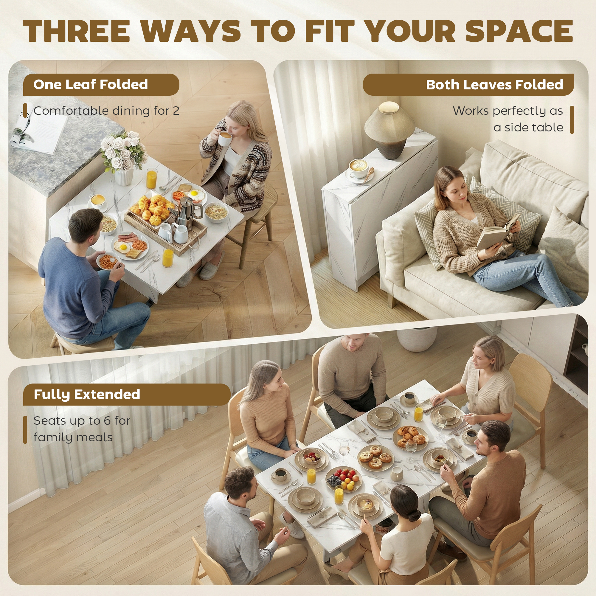Extendable Dining Table, Collapsible Folding Table with 2-tier Shelves and Rolling Casters, Marble White - Image 2