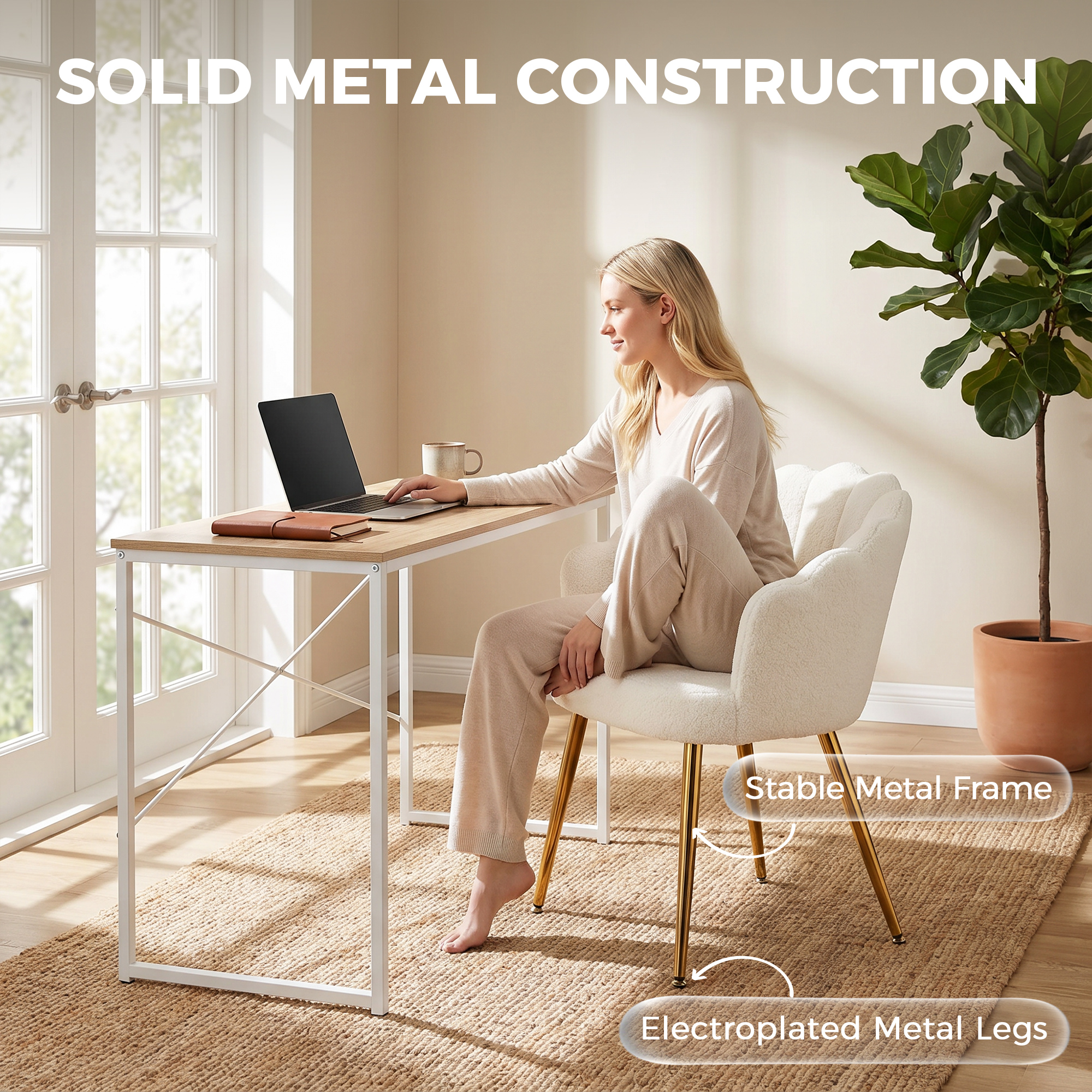 Accent Chair Petal-Back Design Modern Living Room Chair with Metal Legs Cream - Image 4