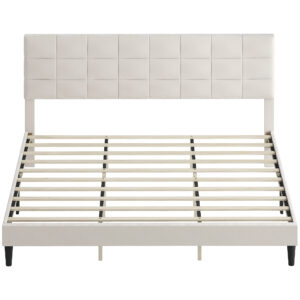 King Size Bed Frame with Upholstered Headboard, Modern Platform Bed Frame with Wood Slats, 1100 lbs Capacity, Cream White
