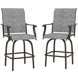 Outdoor Bar Stools Set of 2, Swivel Bar Height Chairs with High Back, Curved Armrests and Steel Frame, Mixed Grey
