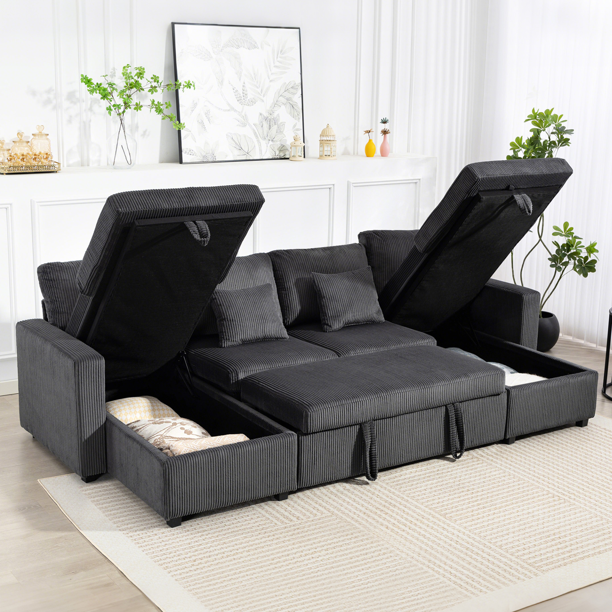 Convertible Sofa Bed, Corduroy U-Shaped Sleeper Sofa Couch with Storage Chaise, Pillows, Spring, Futon Couch, Grey - Image 6