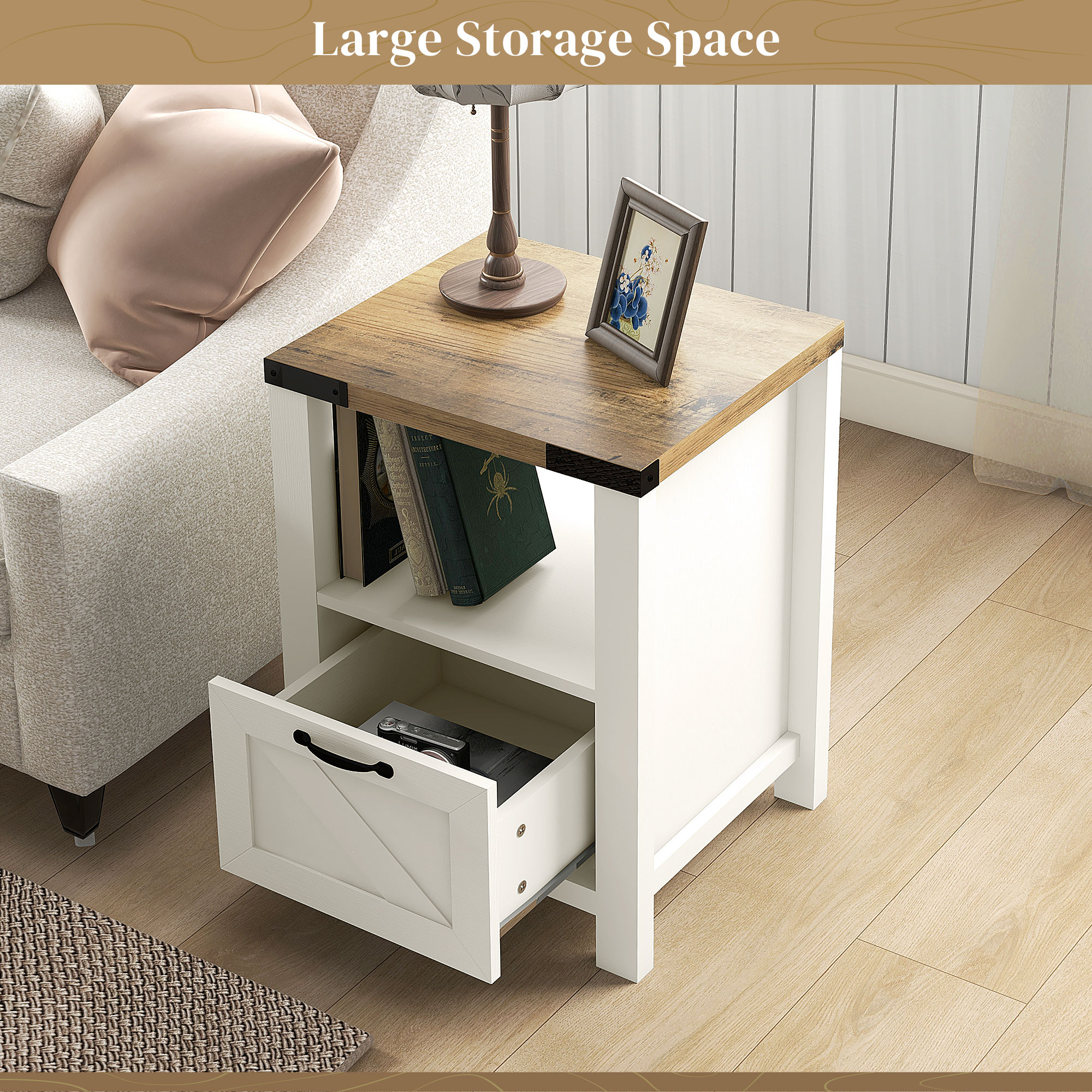 Side Table with Storage, Farmhouse End Table with Drawer, Open Shelf and Barn-style Panel, Nightstand for Living Room, Bedroom, White - Image 2