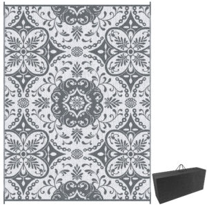 Portable Outdoor Rug with Carry Bag, 9' x 12' Reversible Mat, Waterproof Plastic Straw RV Rug for Backyard, Deck, Picnic, Beach, Camping, Gray & White Flower