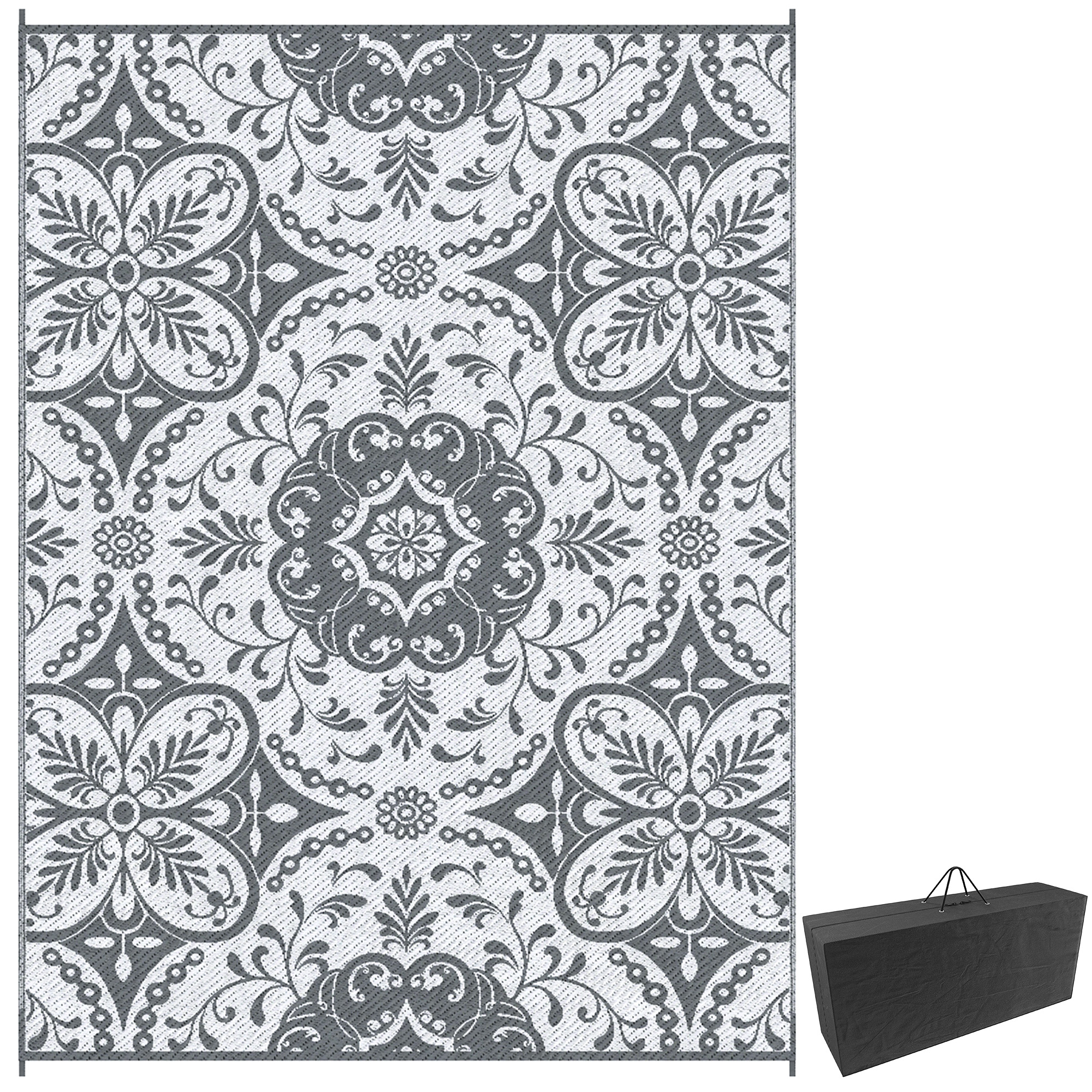 Portable Outdoor Rug with Carry Bag, 9' x 12' Reversible Mat, Waterproof Plastic Straw RV Rug for Backyard, Deck, Picnic, Beach, Camping, Gray & White Flower