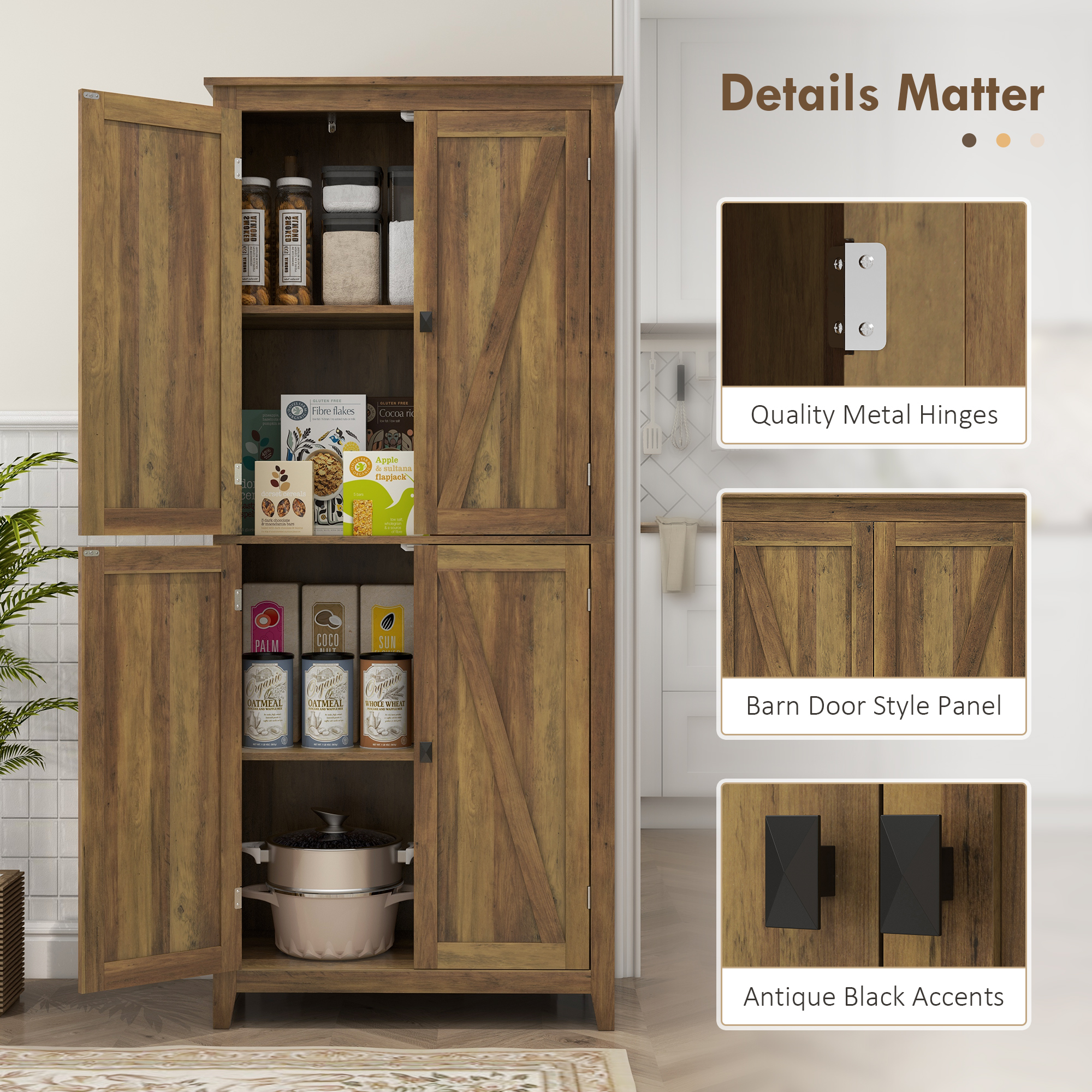 72" Freestanding Storage Cabinet, Kitchen Pantry Cabinet with Doors and Shelves for Dining Room, Brown - Image 5