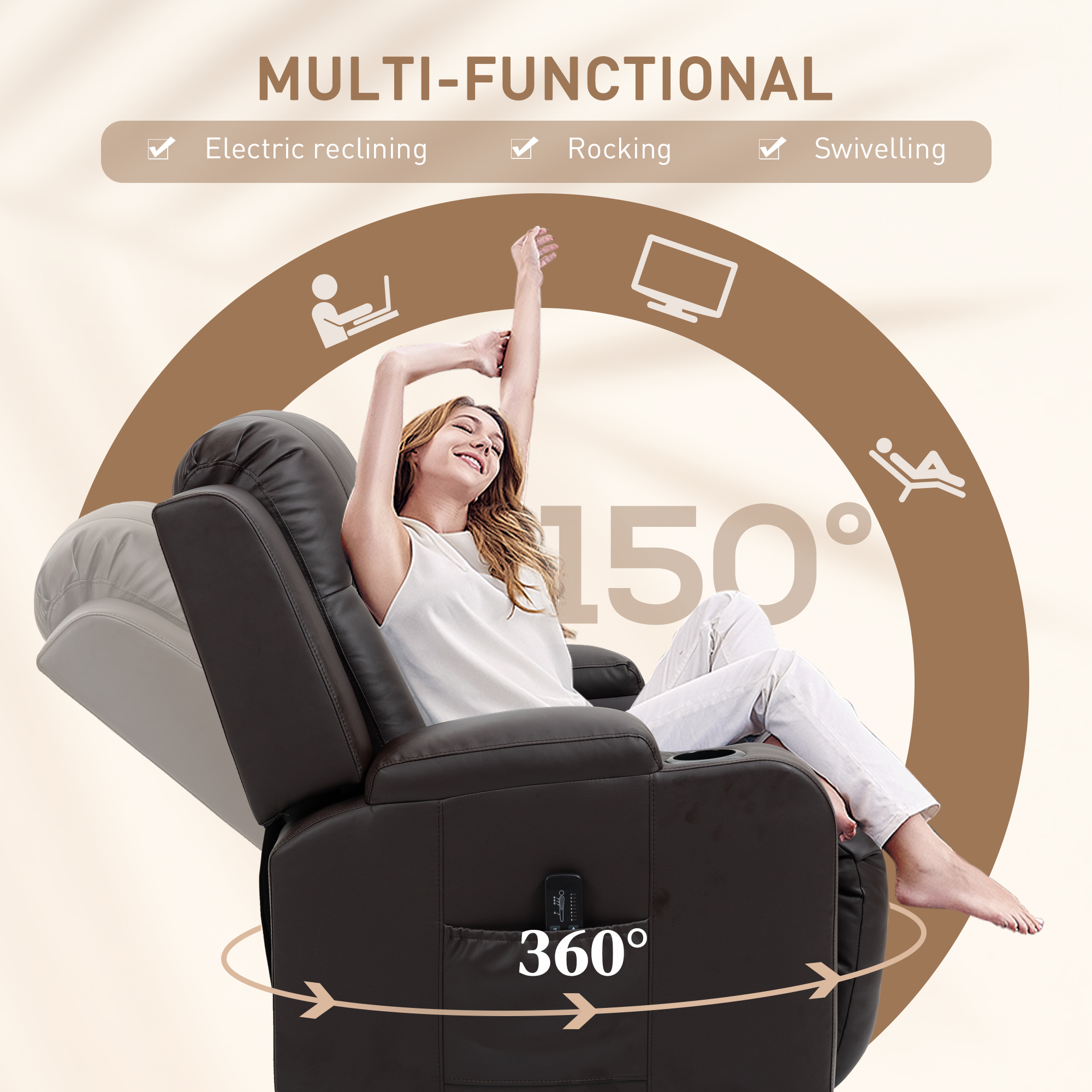 Swivel Massage Recliner Chair Rocker, Overstuffed Manual Reclining Sofa, PU Leather Rocking Chair with Side Pockets, Cup Holders, for Living Room, Nursery, Brown - Image 3