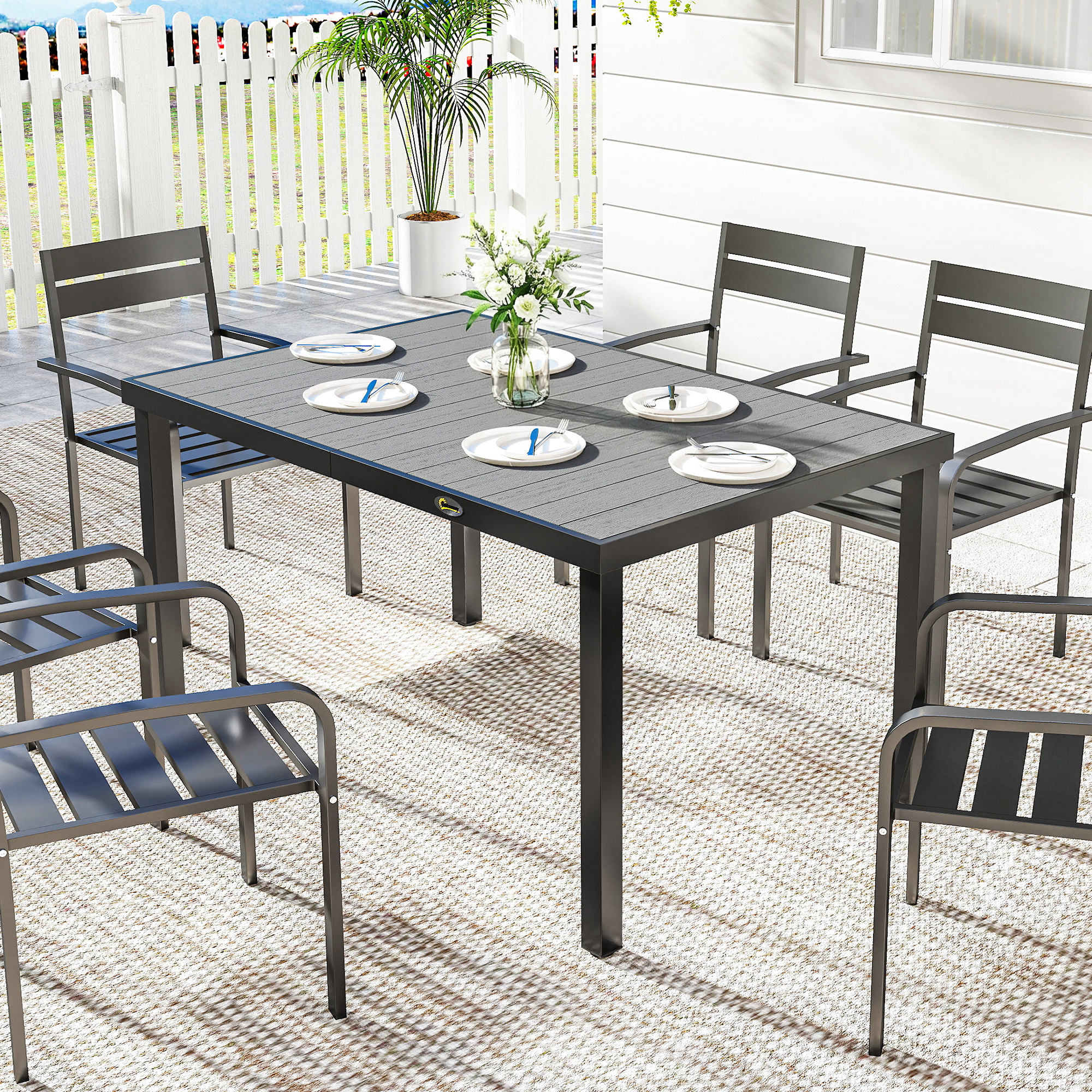 Rectangular Patio Table for 6, Outdoor Dining Table with Wood-Plastic Composite Top and Steel Frame for Garden, Grey - Image 6