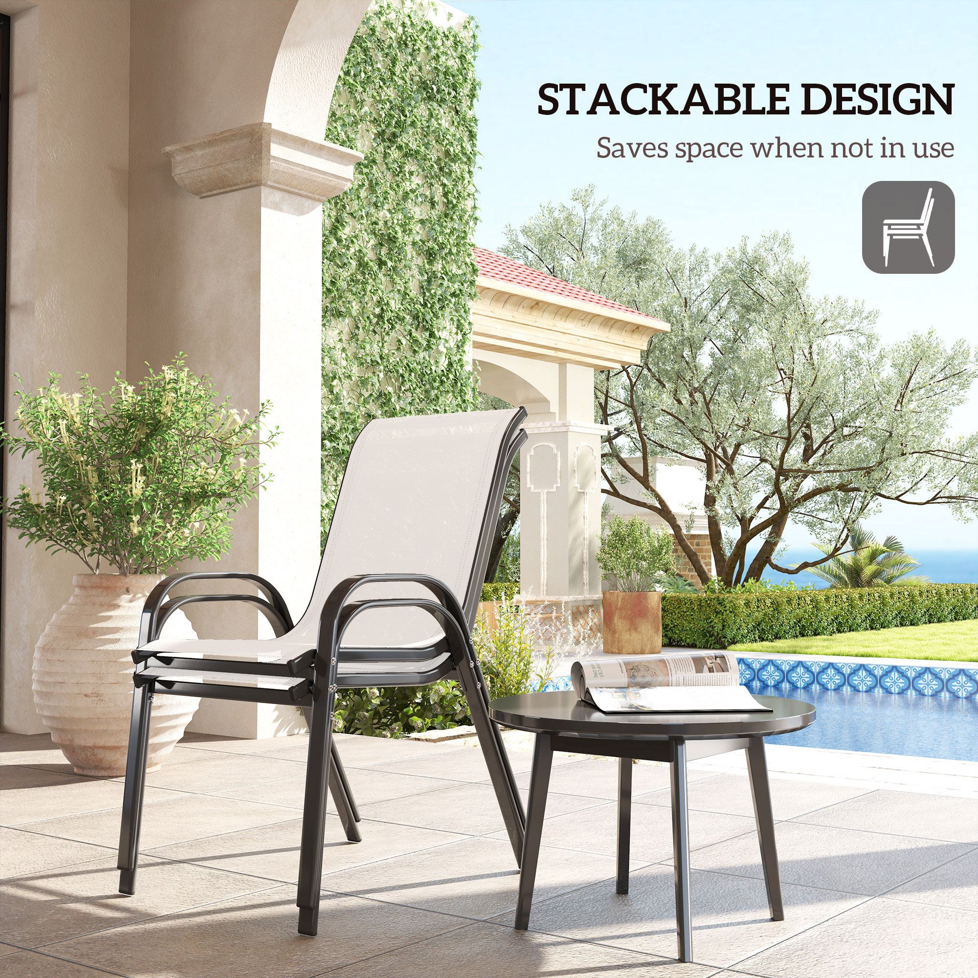Set of 2 Outdoor Dining Chairs, Stackable Lawn Chairs with High Back, Breathable Mesh Seat for Garden Porch, Light Grey - Image 2