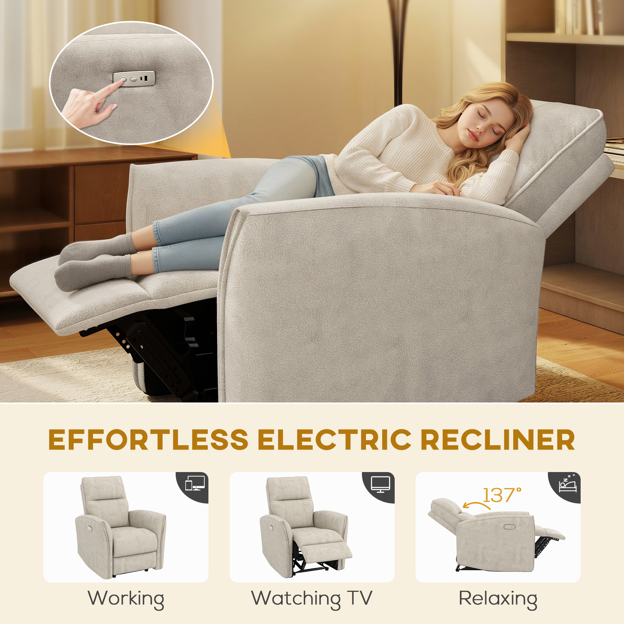 Power Recliner Chair, Dyed Fabric (Like Leathaire) Upholstered Recliner Chair with USB Ports, Footrest, Beige - Image 2