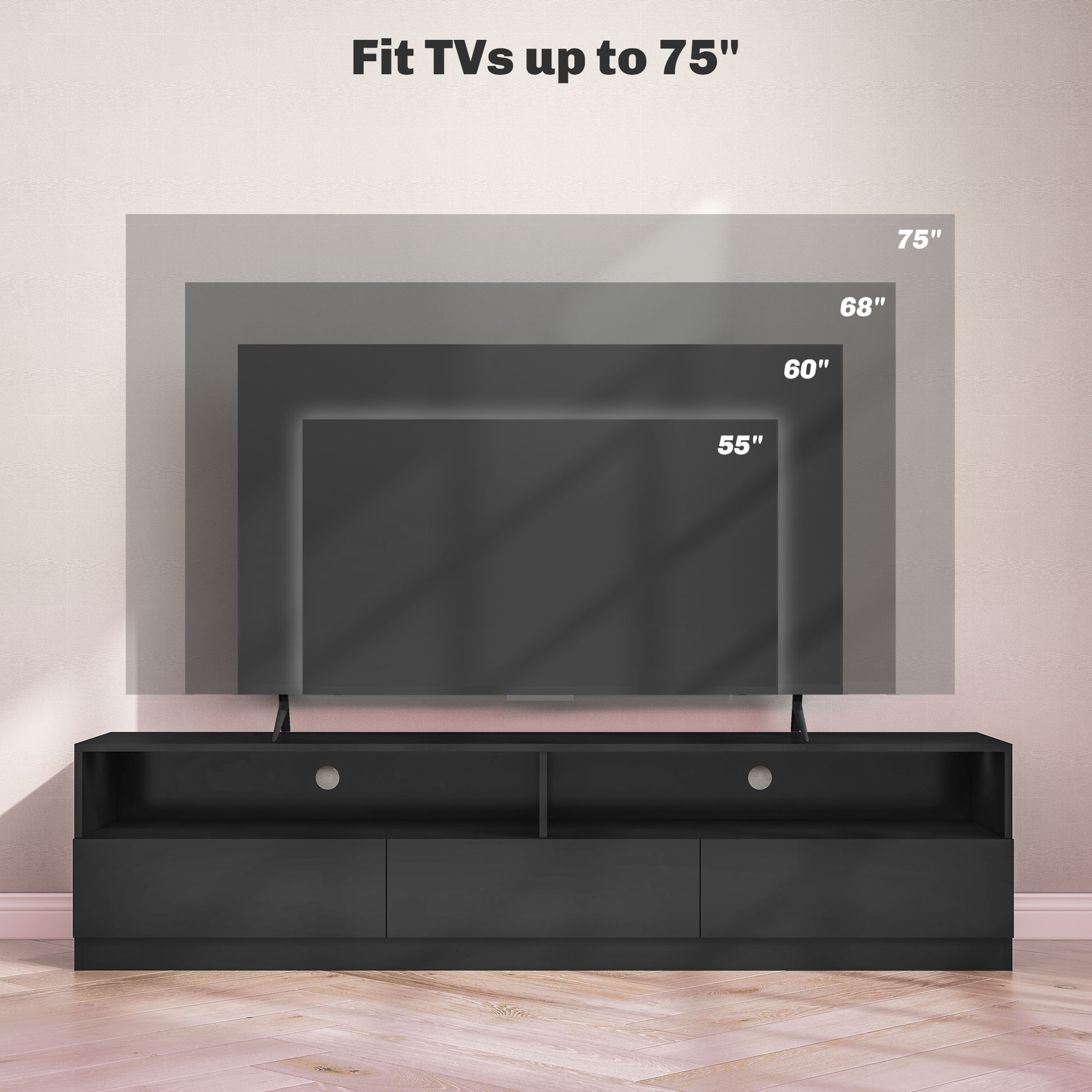 LED Lighted TV Stand for TVs up to 75", Modern TV Cabinet with Storage Drawers for Living Room, High Gloss Black - Image 4