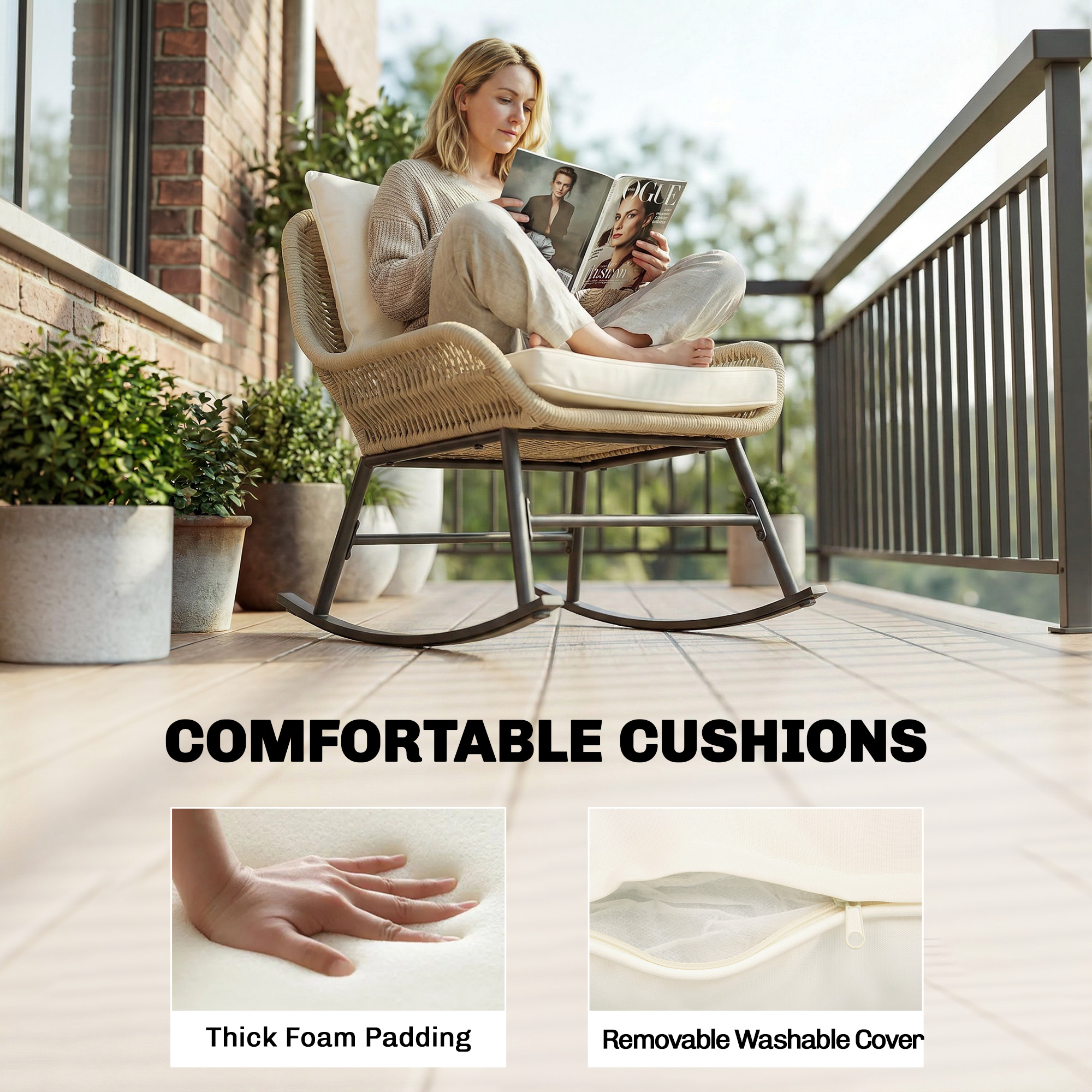 3 Piece Rocking Bistro Set Outdoor Patio Furniture Set with Cushions, Glass Coffee Table for Balcony, Cream White - Image 5