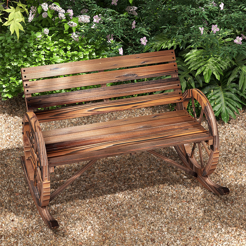 Rocking Outdoor Bench, Wood Outdoor Loveseat with Wagon Wheel Armrests, Carbonized - Image 5