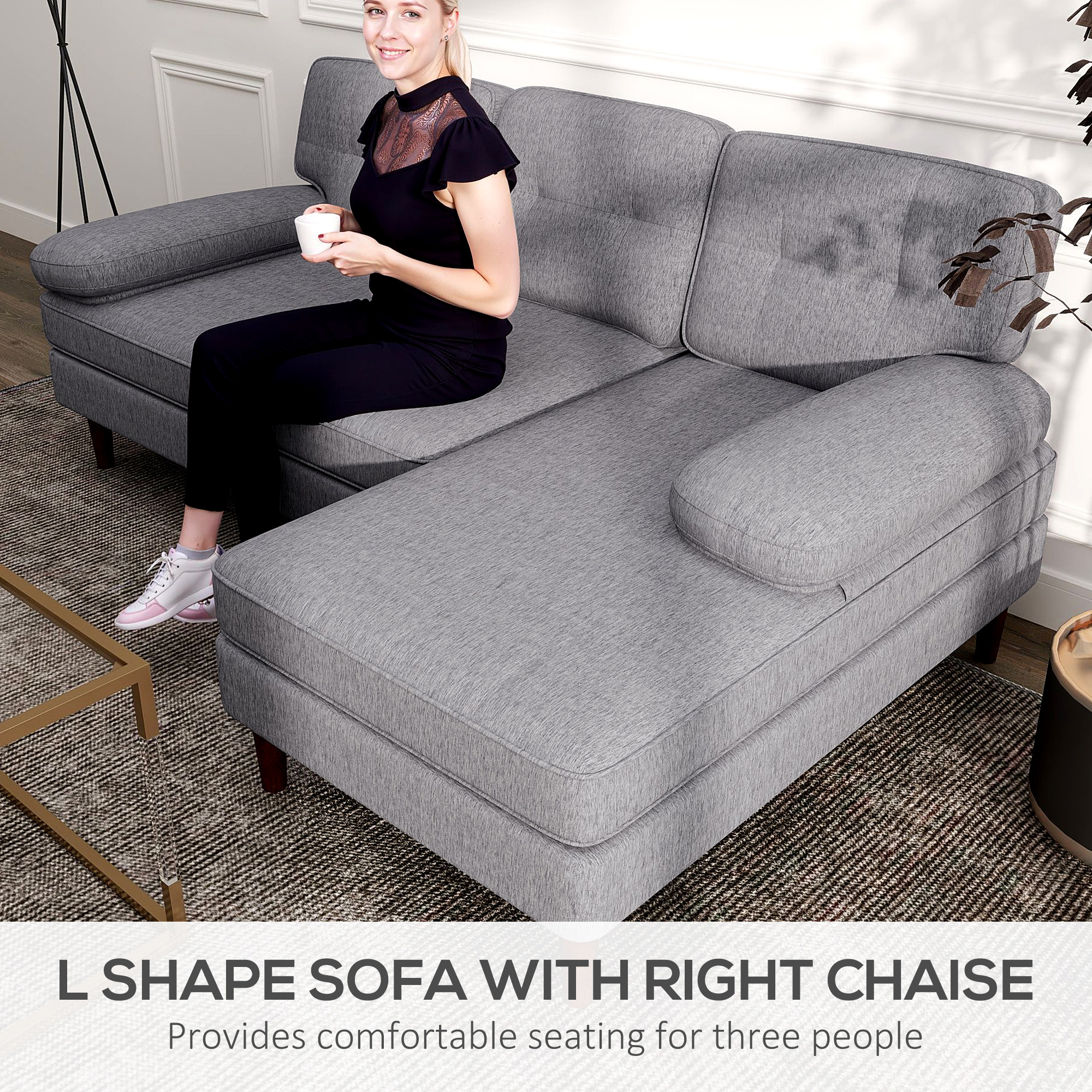 Modern Corner Couch with Right Chaise Lounge, Tufted 3-Seater Sofa with Wooden Legs for Living Room, Grey - Image 2