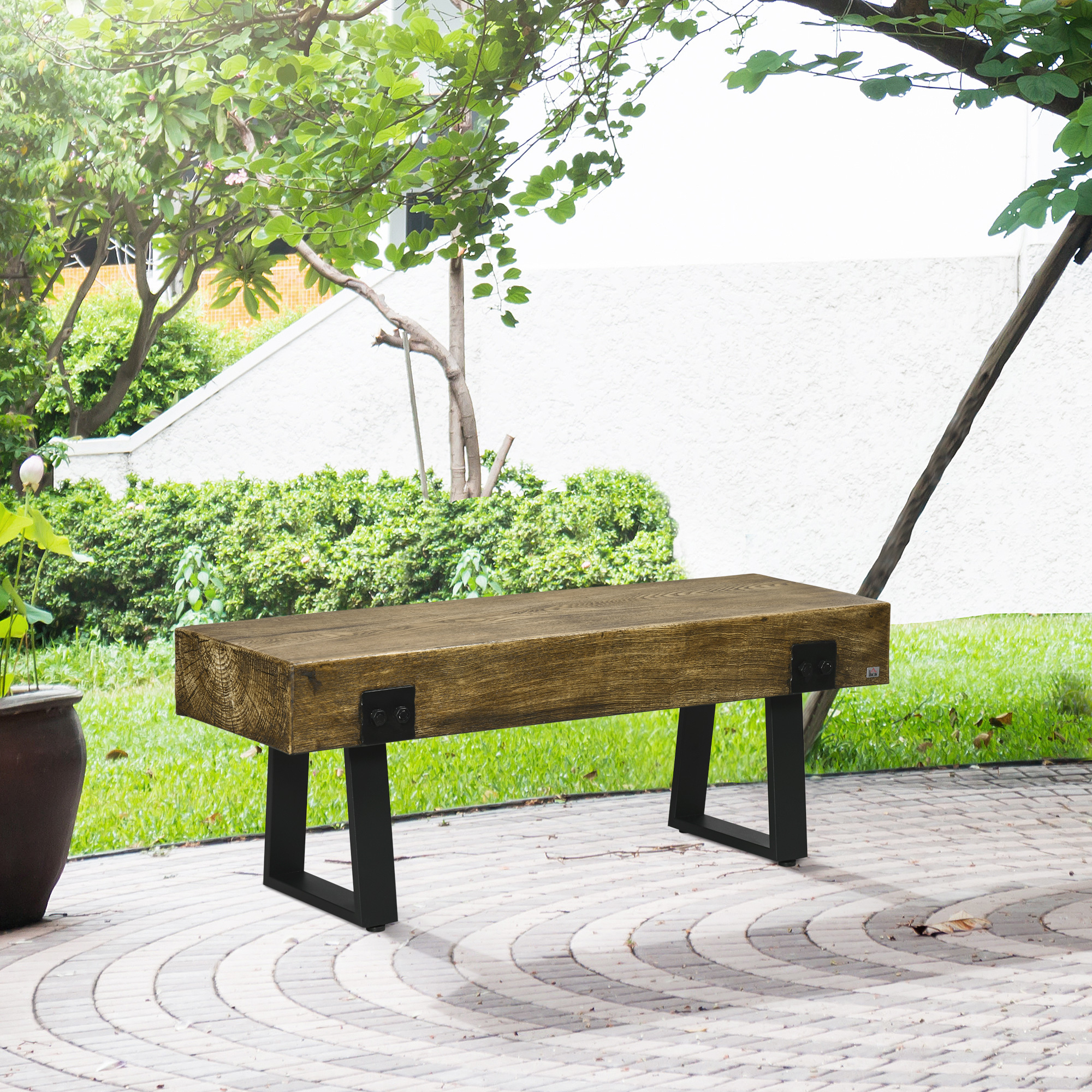 Outdoor Bench, Garden Bench with Metal Legs, Rustic Wood Effect Concrete, Indoor or Outdoor Use for Patio, Park, Porch and Lawn, Natural and Black - Image 6
