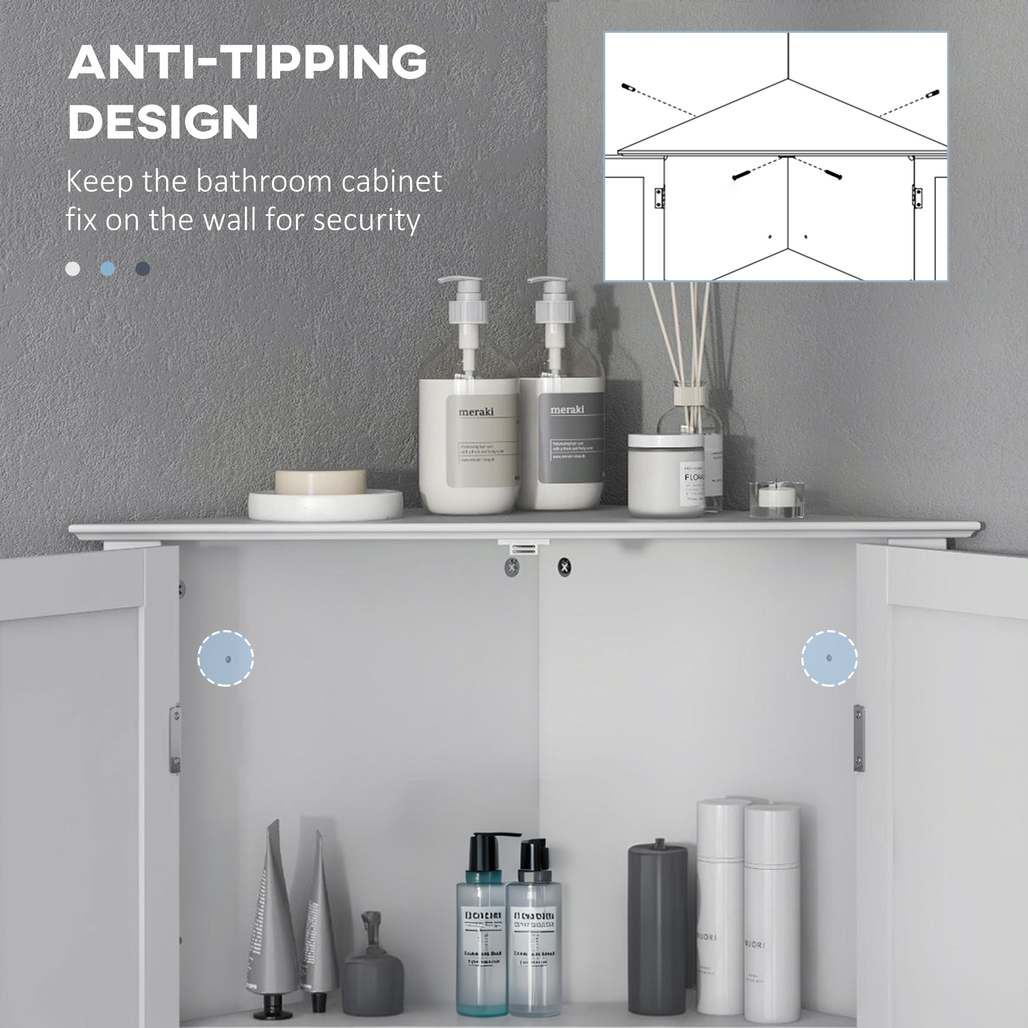 Modern Bathroom Storage Cabinet, Corner Cabinet with Doors, Bathroom Cabinet with Adjustable Shelf and Recessed Door, White - Image 4