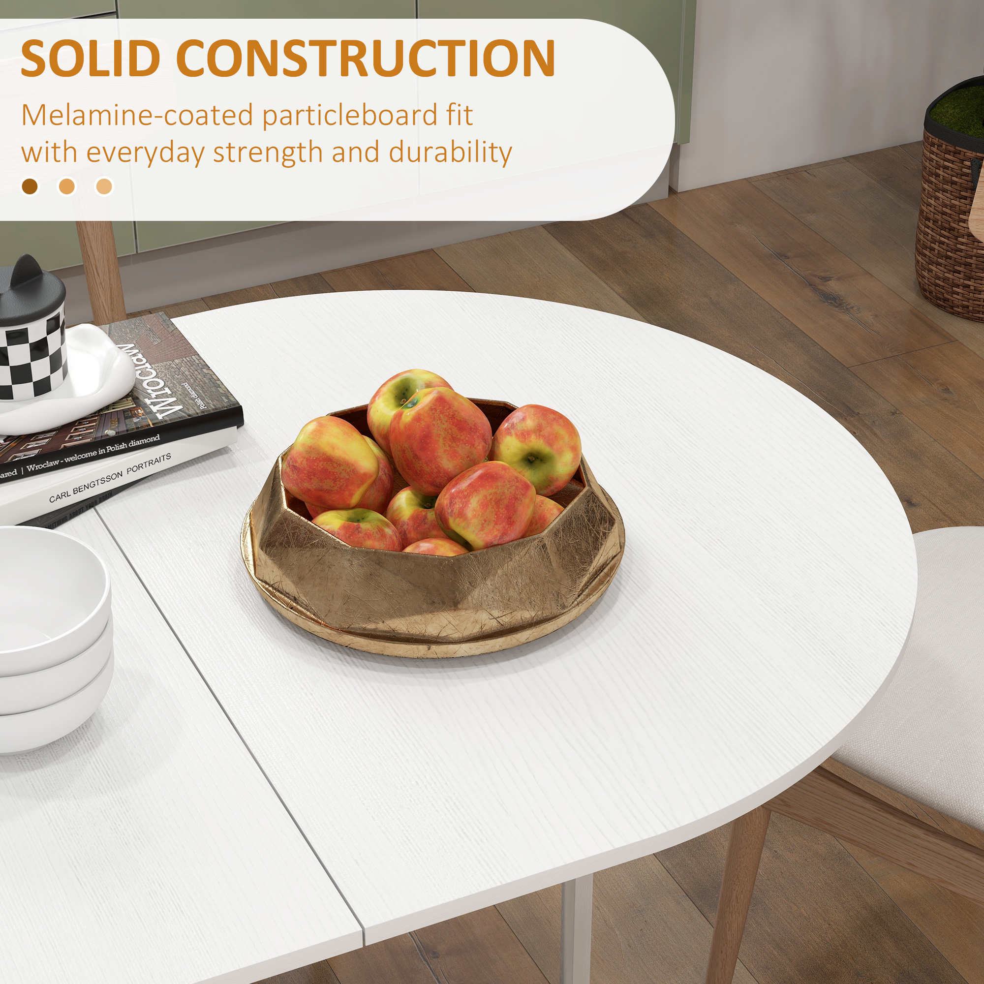 Oval Folding Dining Table, Space Saving Drop Leaf Kitchen Table for Dining Room, Living Room, Distressed White - Image 4