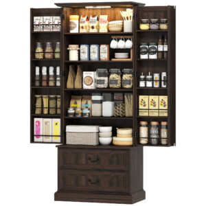 72" LED Kitchen Pantry Cabinet, Buffet Storage Cabinet with 10 Door Shelves, 2 Drawers and Adjustable Shelves, Brown