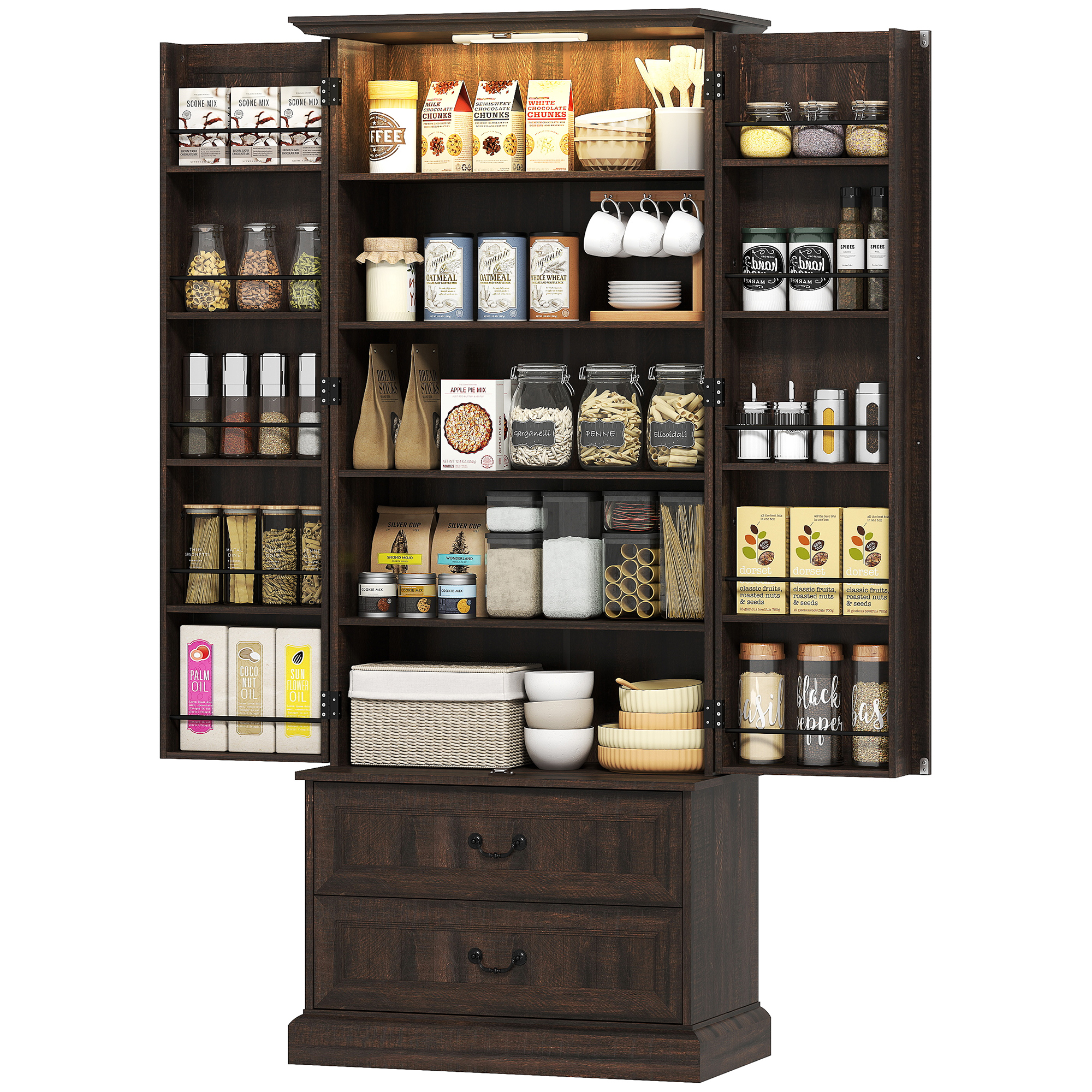 72" LED Kitchen Pantry Cabinet, Buffet Storage Cabinet with 10 Door Shelves, 2 Drawers and Adjustable Shelves, Brown