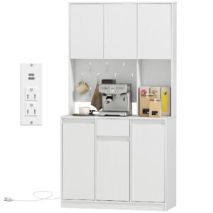 71" Pantry Cabinet with Charging Station, Kitchen Storage Cabinet with Microwave Stand, Pegboard, 6 S-hooks, White