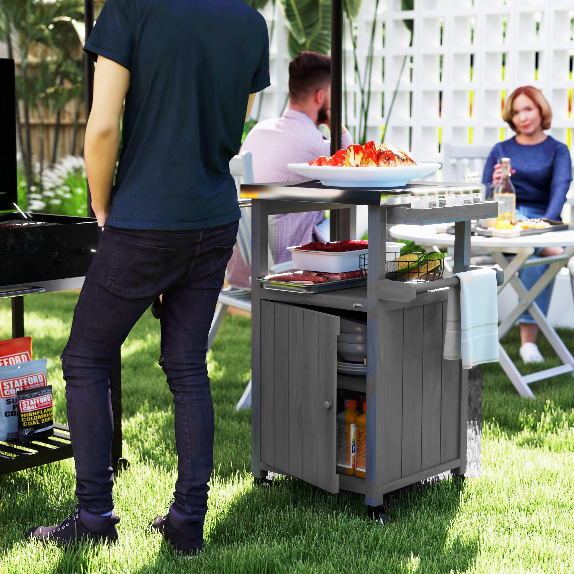 Grill Table with Stainless Steel Top, Pizza Oven Table with Storage Cabinet, Spice Rack, Wheels, Handle, Dark Grey - Image 6