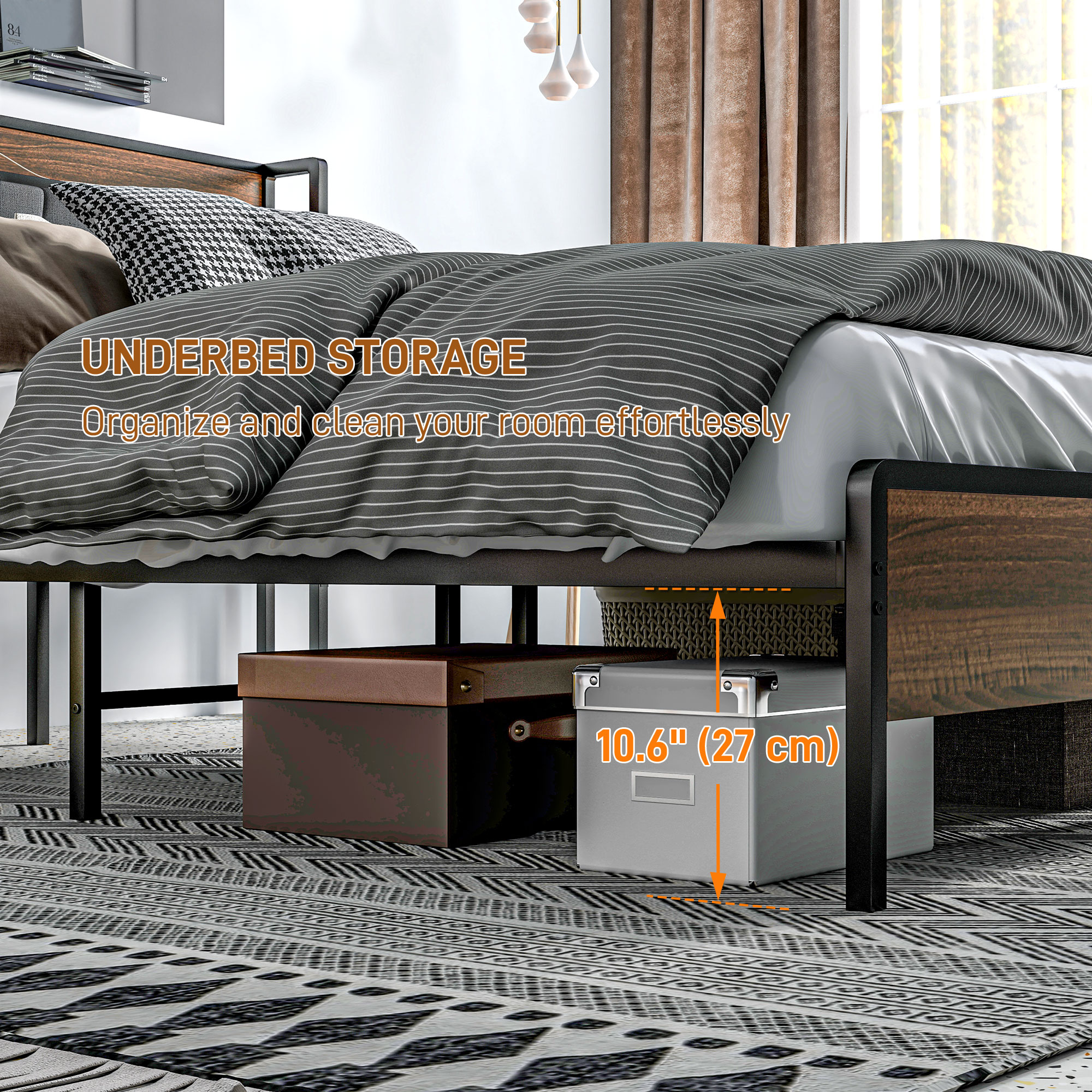 Queen Size Bed Frame with Charging Station, Queen Bed Frame with Upholstered Headboard and Storage Shelf, Walnut - Image 4