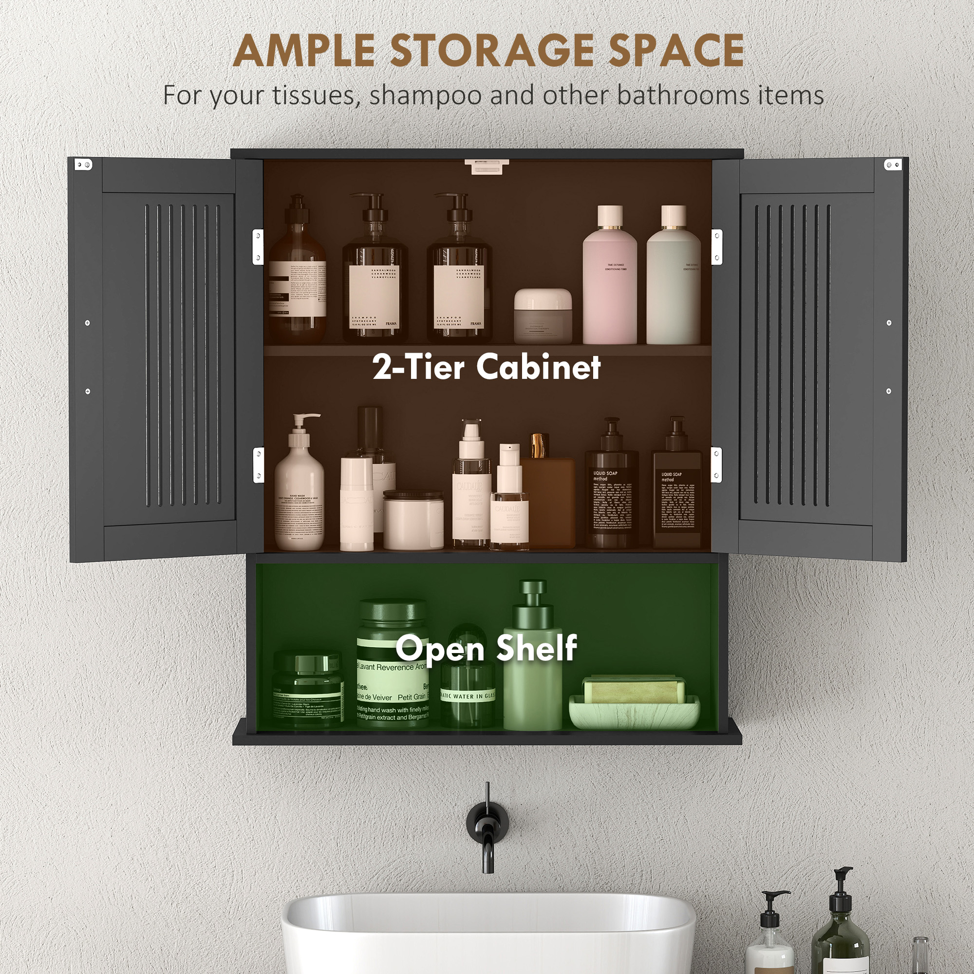 Modern Wall Mount Bathroom Cabinet, Storage Organizer with 2 Door Cabinet and Shelf, Black - Image 3