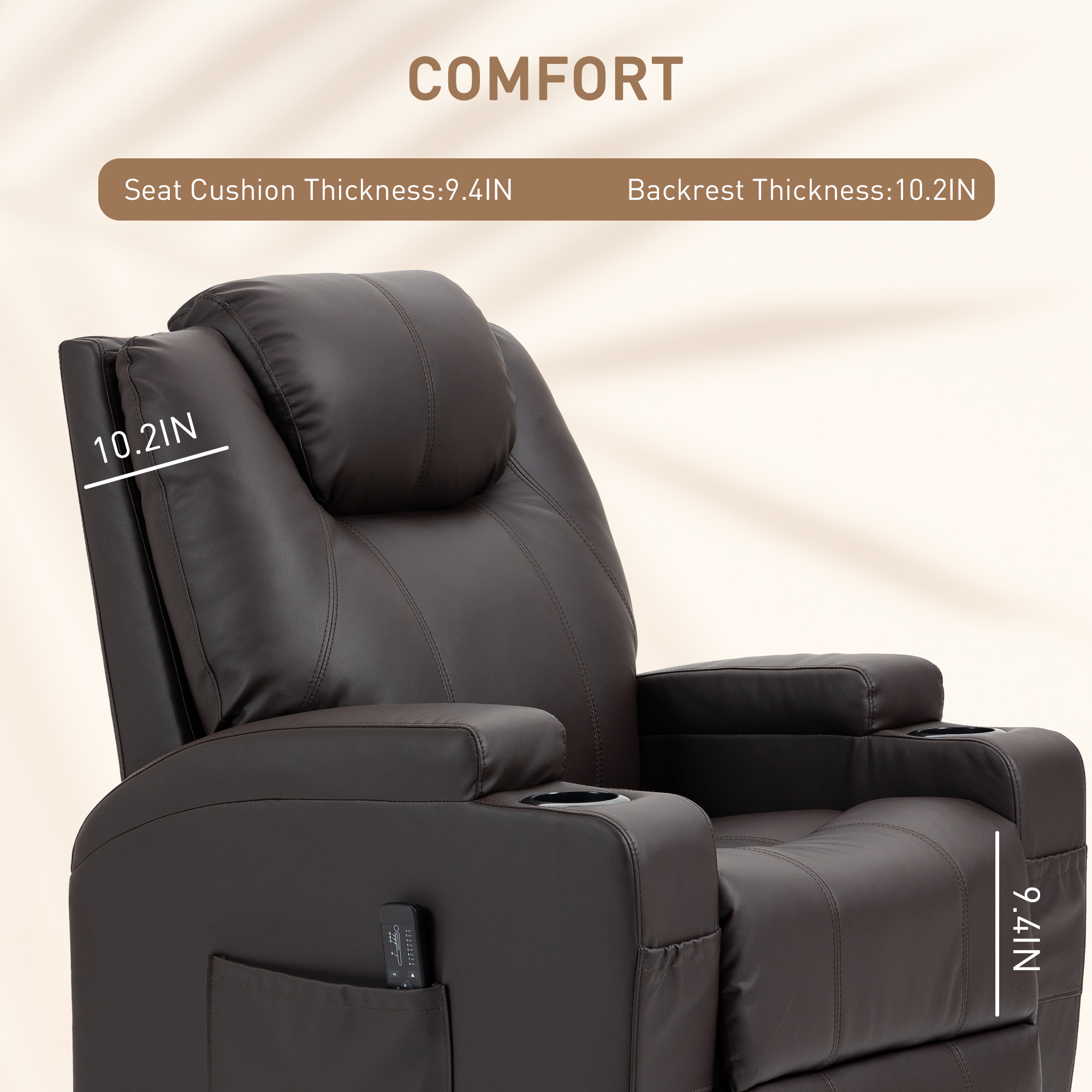 Massage Recliner Chair, Swivel Nursery Rocker Chair, Manual Reclining Sofa with 8 Vibration Points, PU Leather, Cup Holders, Side Pockets, for Living Room, Brown - Image 5