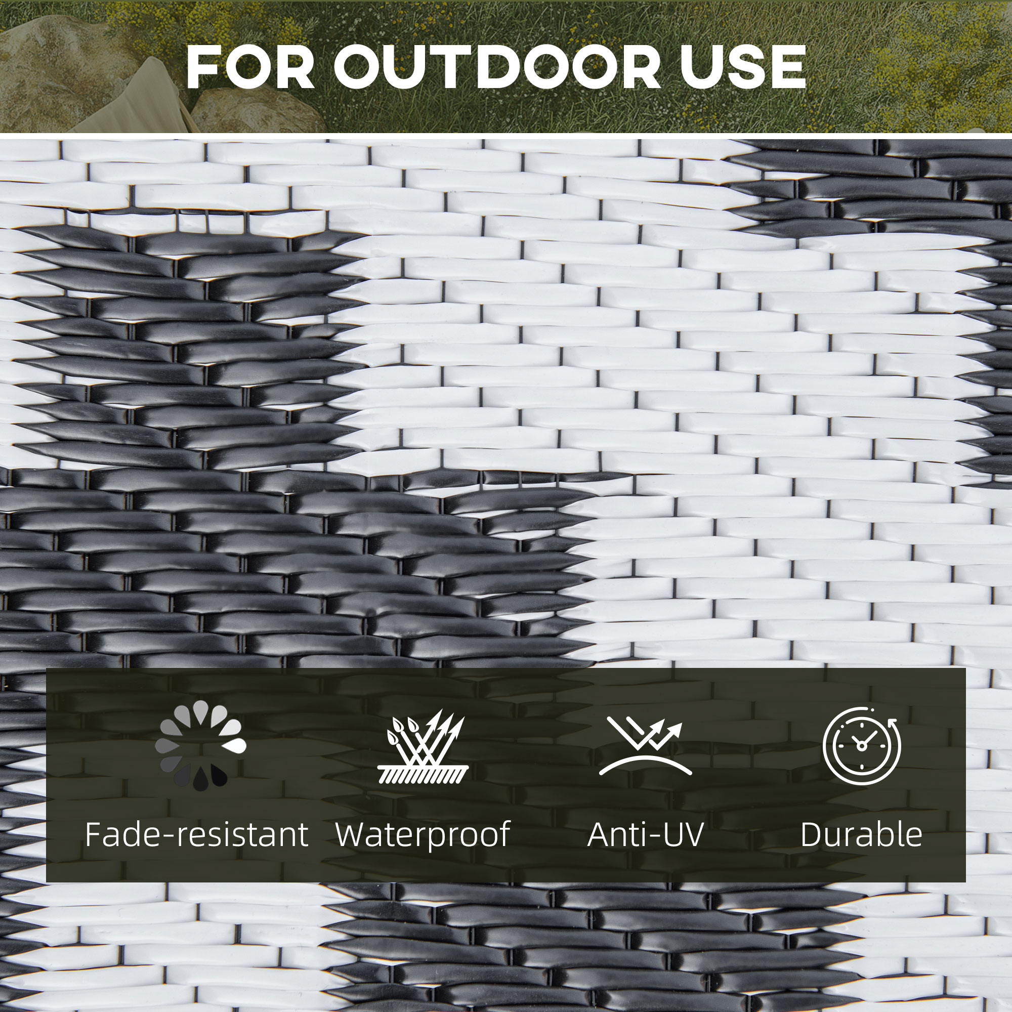 Reversible Outdoor RV Rug, Patio Floor Mat, 6' x 9' Plastic Straw Rug for Backyard, Deck, Beach, Camping, Black & White - Image 3
