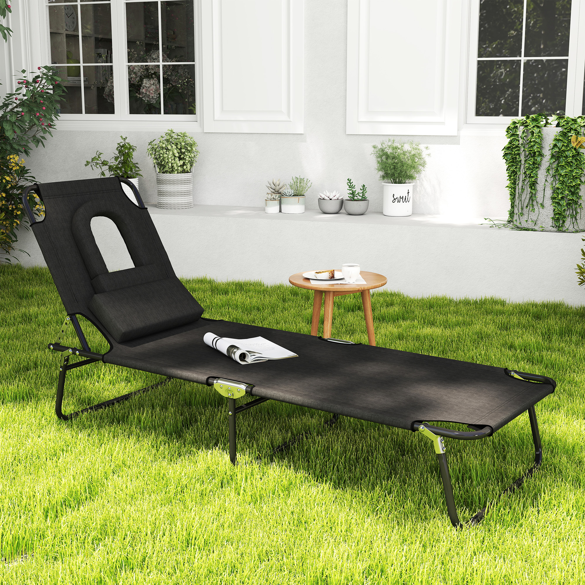 Adjustable Outdoor Lounge Chair, Garden Folding Chaise Lounge with Face Hole Reclining Tanning Chair Seat, Folding Camping Beach Lounging Bed w/ Support Pillow, Black - Image 6