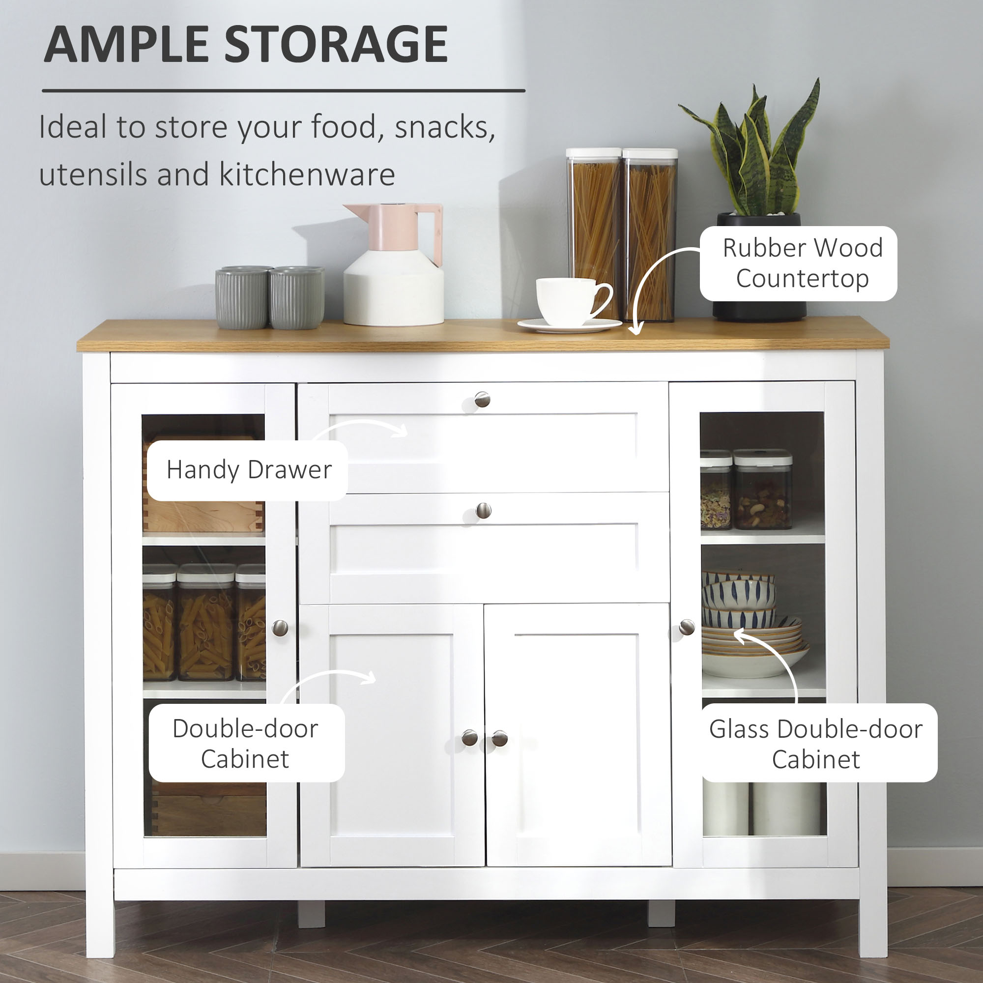 Buffet Cabinet Sideboard with 2 Drawers, 3 Storage Cabinets, Glass Doors and Adjustable Shelves, White - Image 2