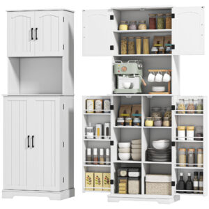 71.5" Tall Pantry Cabinet, Farmhouse Kitchen Storage Cabinet with Adjustable Shelves, 8 Door Spice Racks, White