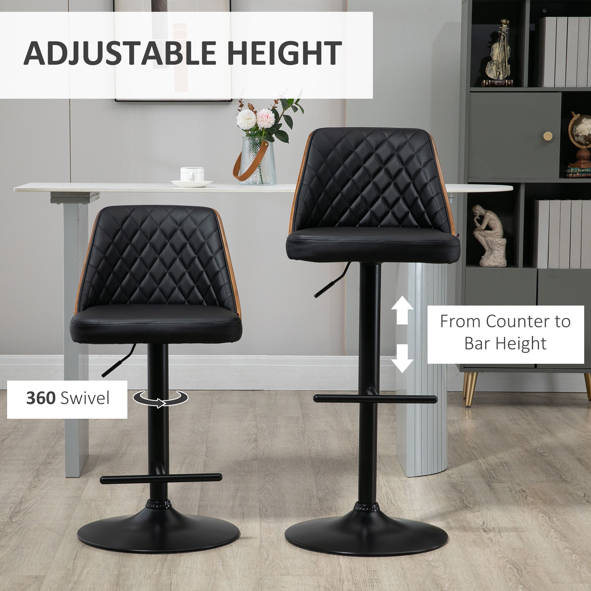 Modern Bar Stools PU Leather Set of 2 Swivel Bar Height Barstools Chairs with Adjustable Height, Round Heavy Metal Base and Footrest, Black - Image 4
