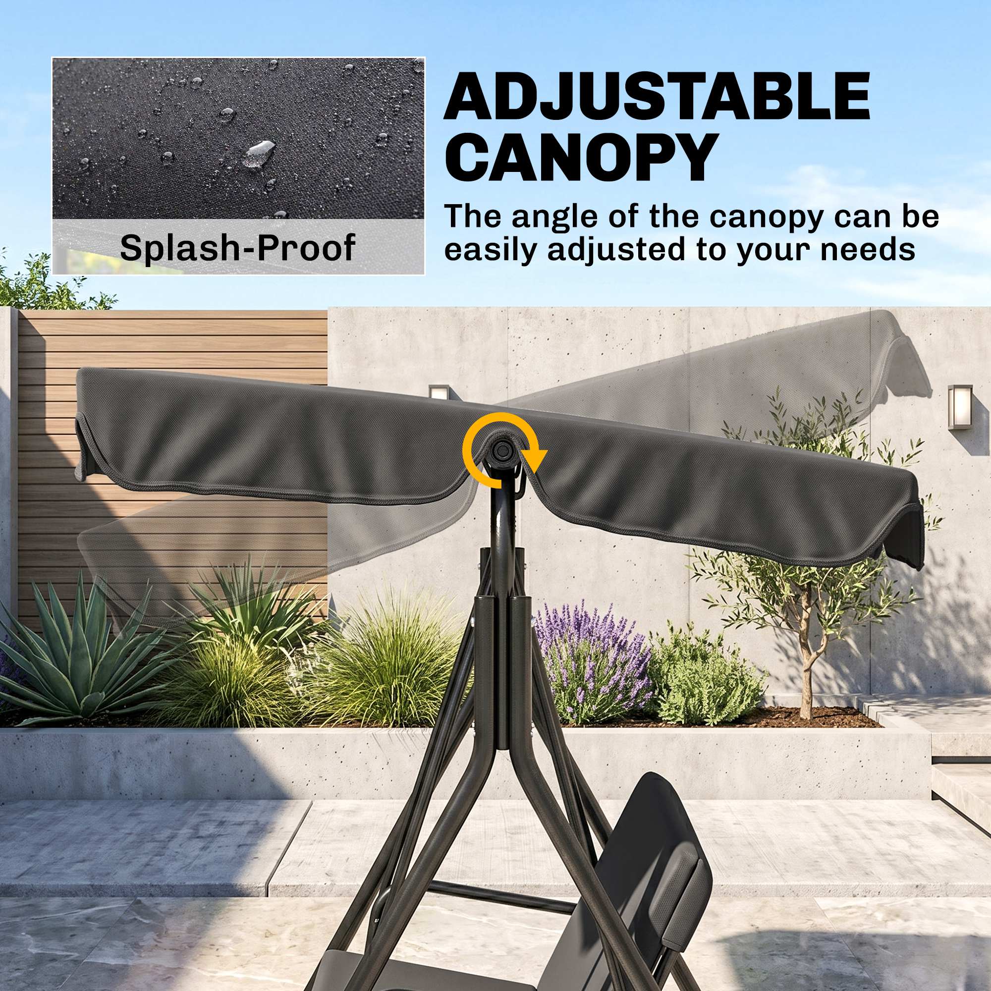 3-Seater Outdoor Porch Swing with Adjustable Canopy, Patio Swing Chair for Garden, Poolside, Backyard, Black - Image 2