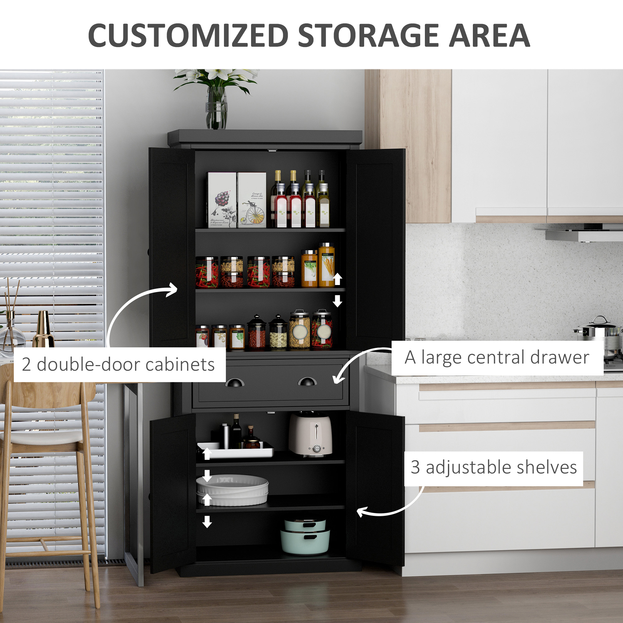 Long Standing Kitchen Cabinet w/ 2 Drawers MDF Board Black - Image 3