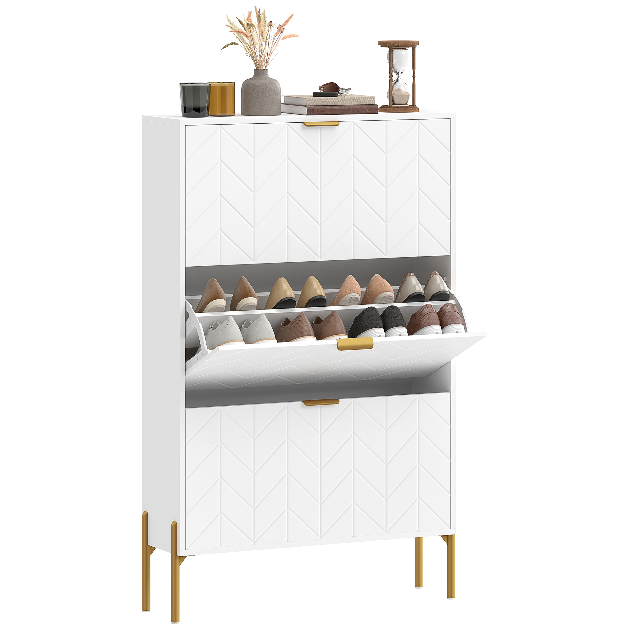 Shoe Cabinet with 3 Flip Drawers, Modern Narrow Shoe Storage Cabinet with Adjustable Shelves, White
