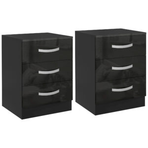Bedside Table Set of 2, Modern Nightstand with Drawers and High Gloss Fronts, Night Table for Bedroom, Black