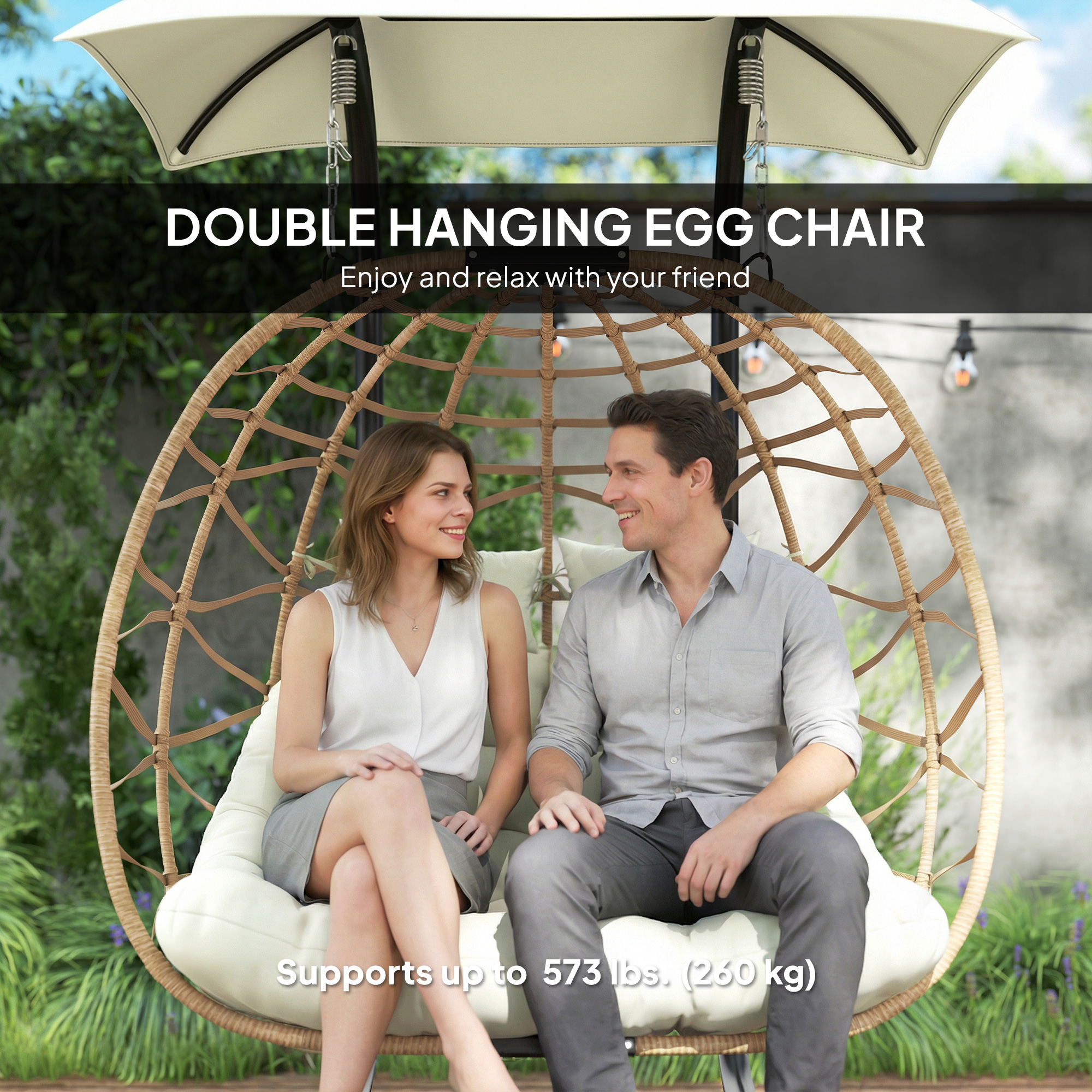 Double Wicker Egg Swing Chair with Canopy, Foldable Hanging Egg Chair with Stand Cushion Headrest, Beige - Image 2