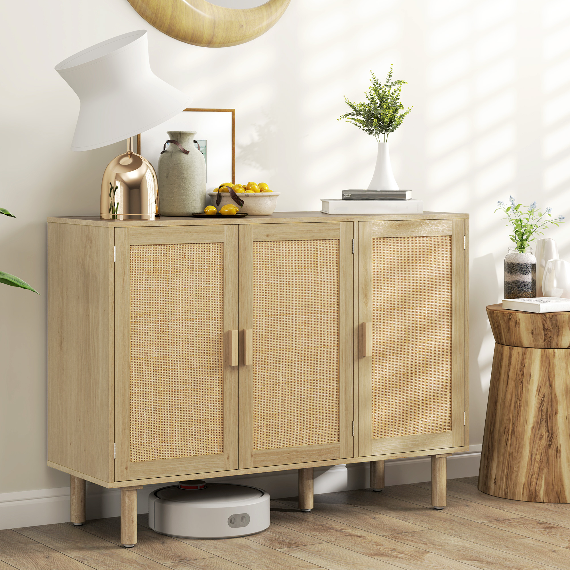 Bohemian Sideboard, 46.9" Buffet Cabinet with 3 Rattan Doors and Shelves for Living Room, Hallway, Oak - Image 6