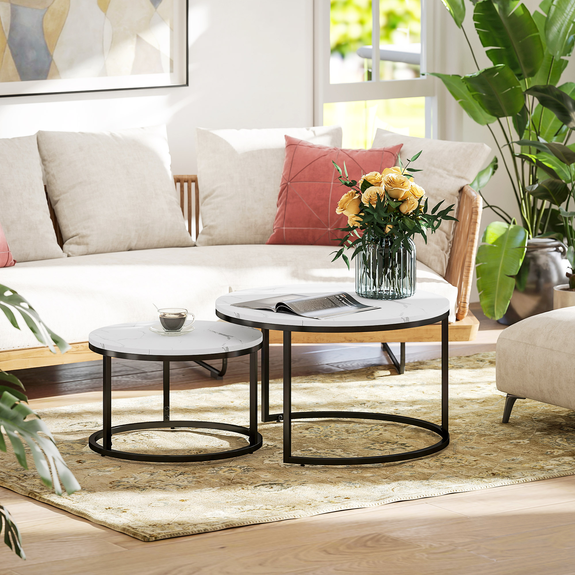 Modern Coffee Table Set of 2, Nesting Side Tables w/ Metal Base for Living Room Bedroom Office Faux Marbled White - Image 6