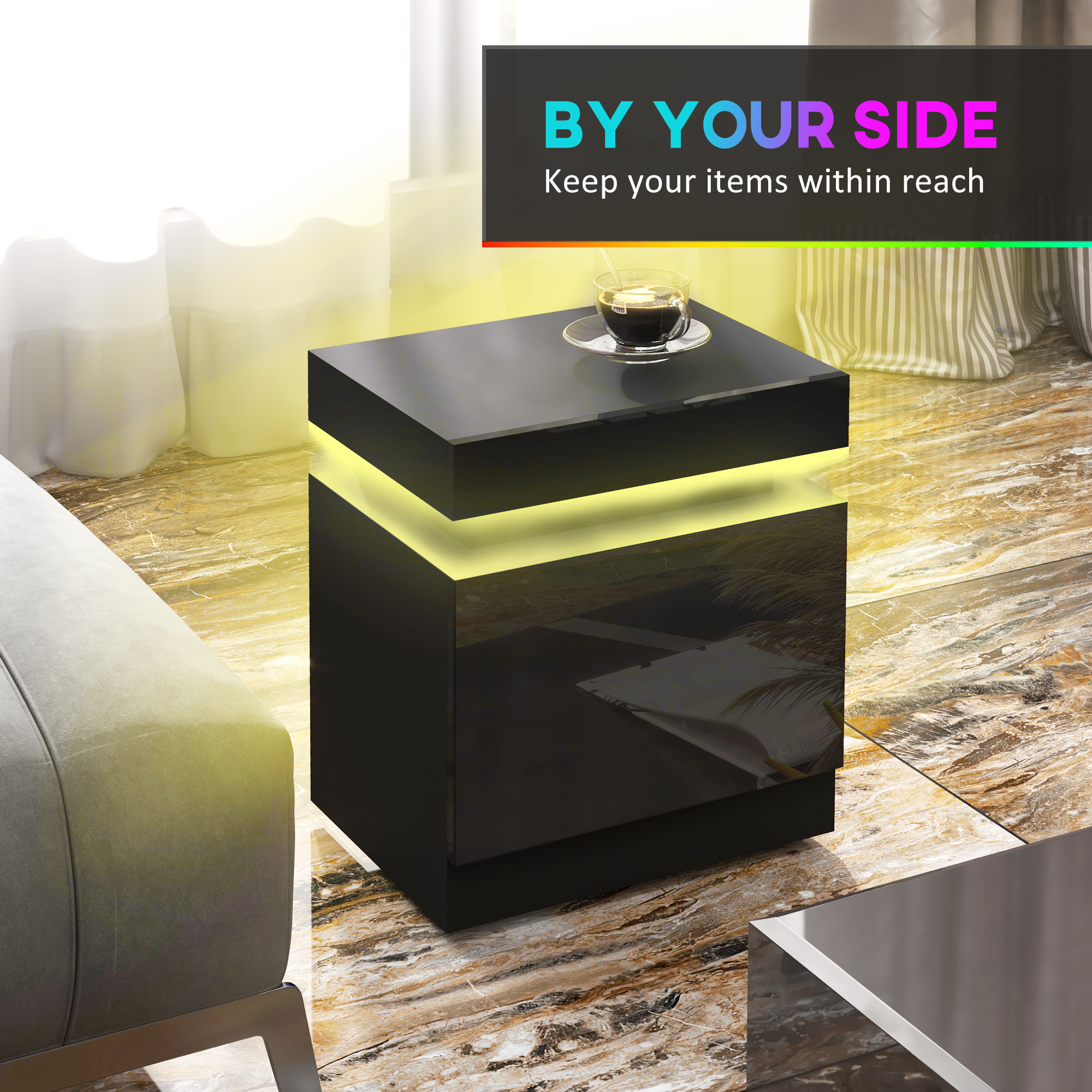 Nightstand, Bedside Table with LED Lights and 2 Drawers for Bedroom, Living Room, Black - Image 3